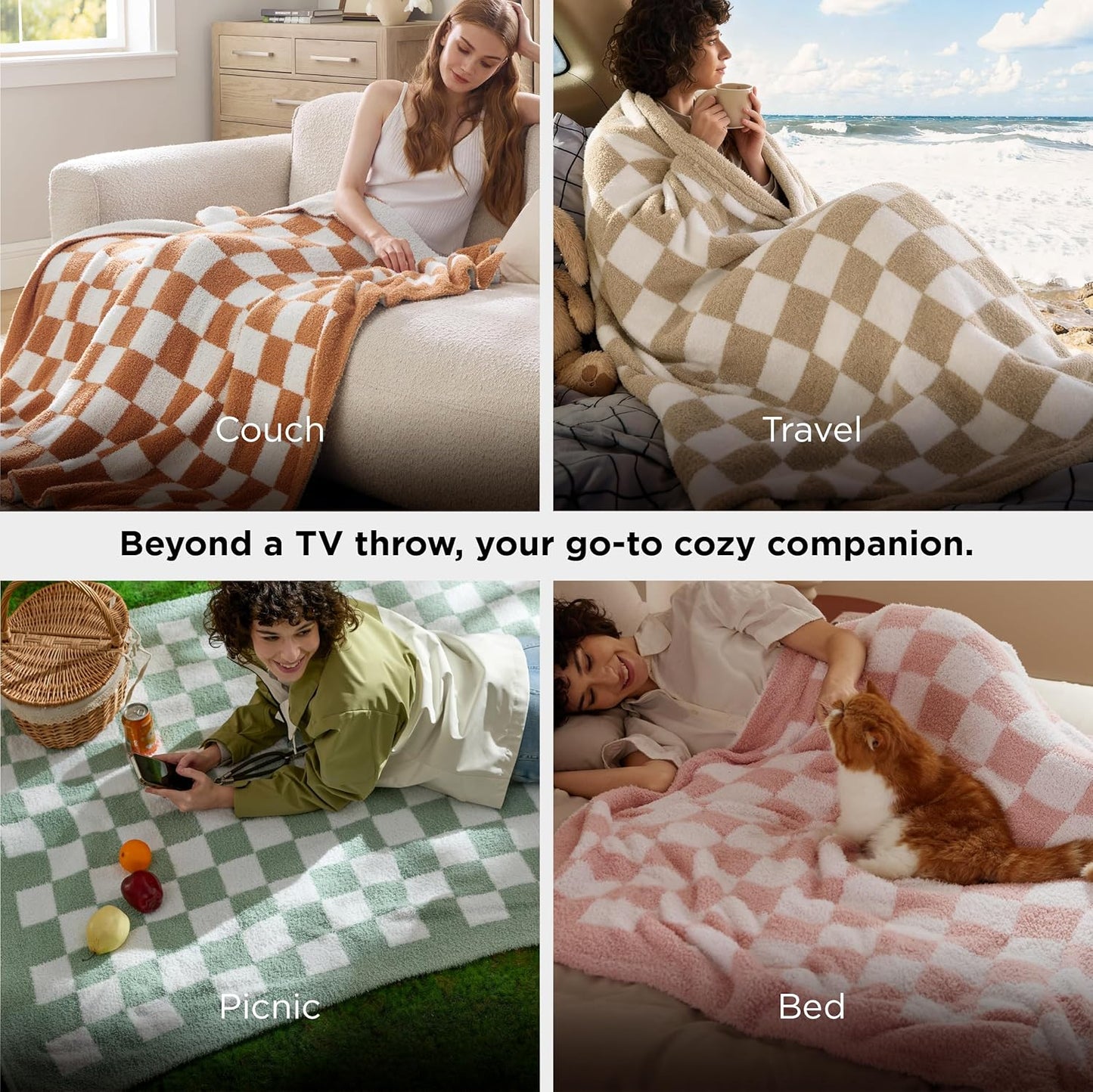 Bedsure GentleSoft Cozy Soft Throw Blanket for Couch, Beige Checkered Fluffy Blanket, Lightweight Warm Knit All Season Throw Blankets for Bed Sofa, Birthday, for Women, 50x60 Inches