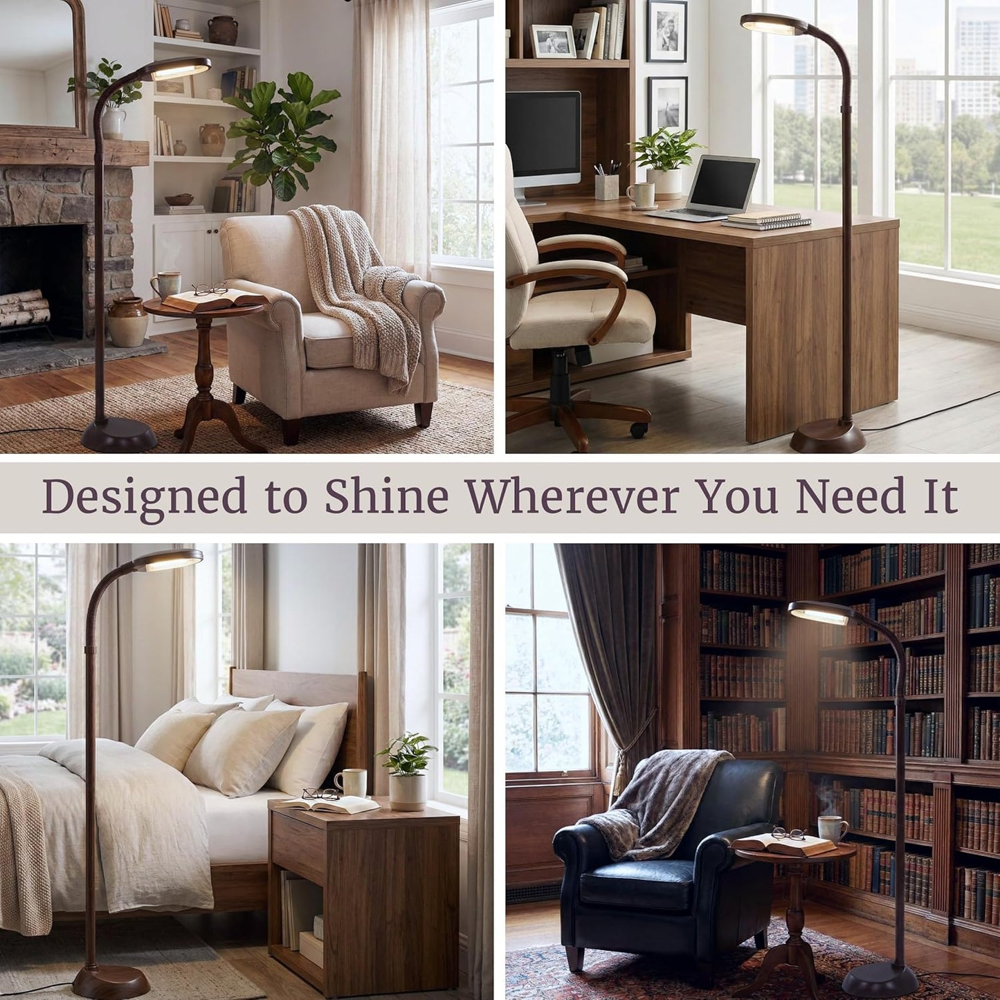 Lavish Home Adjustable Floor Lamp - Full Spectrum Natural Sunlight Lamp and Bendable Neck - Reading, Crafting, Esthetician Floor Light (Woodgrain)