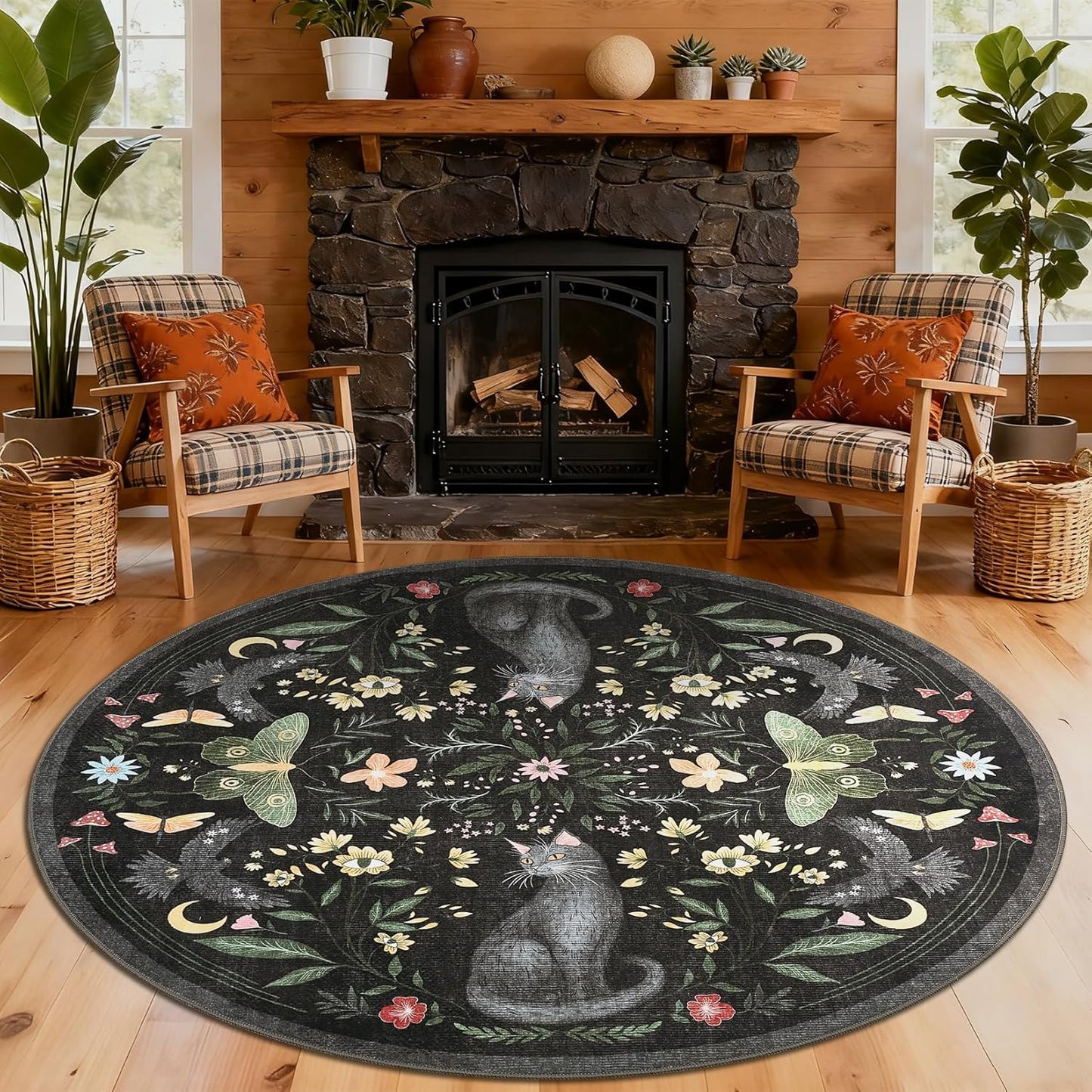 GarveeHome Round Area Rugs 5ft for Bedroom, Cat Black Washable Circle Rug Soft Non Slip Mushroom Floral Floor Mat Carpet Indoor Thin Rug for Bedroom Dining Room Playroom Nursery Gothic Decor