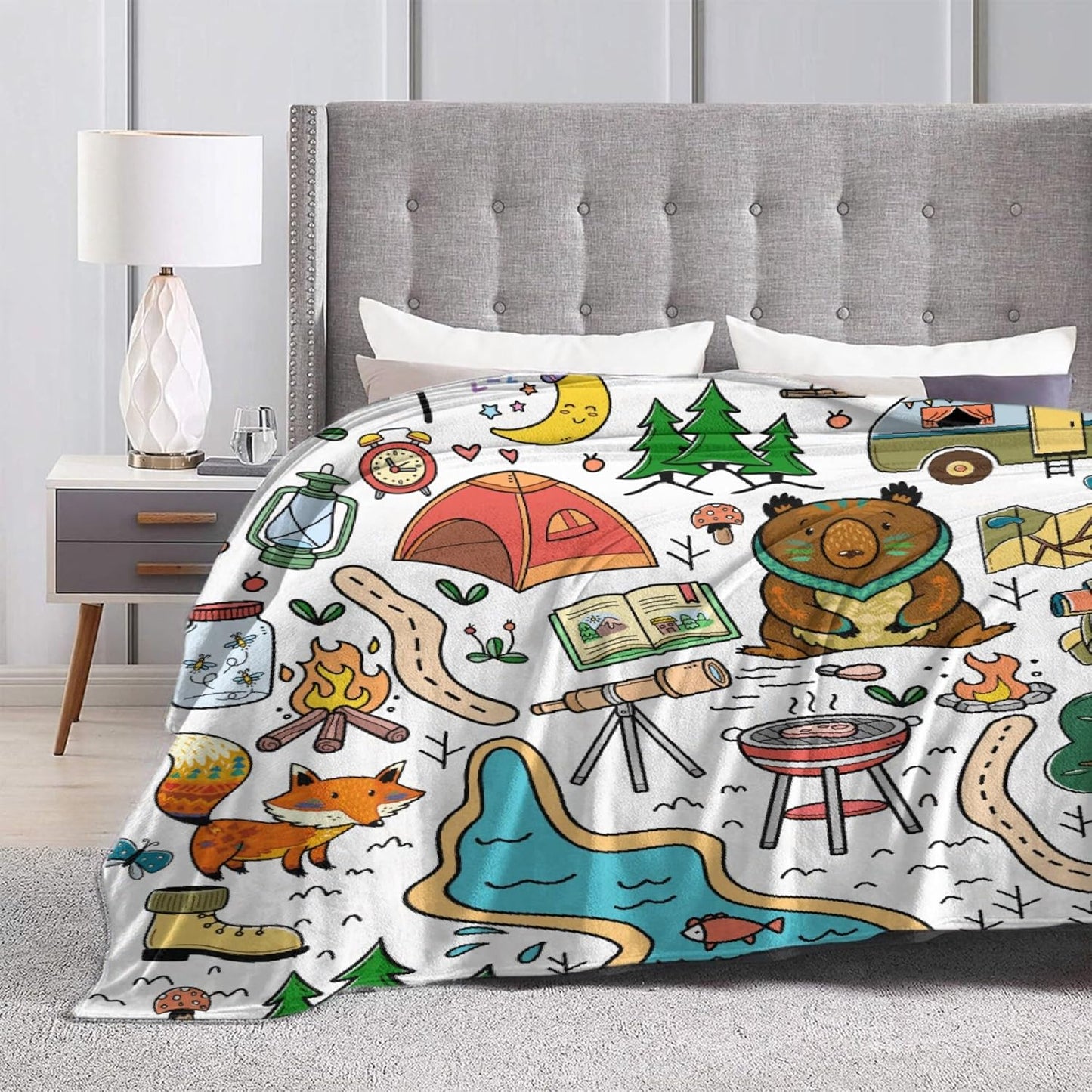 Camping Blanket Gifts for Women Men,Soft Camping Throw,Cute Plush Flannel Camping Quilts Decorations for Bedroom Sofa Bed Outdoor Travel 80 x 60in for Adults