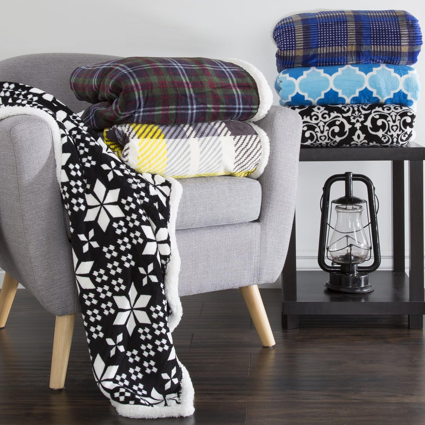 Reversible Fleece Blanket - 50-Inch x 60-Inch Machine-Washable Sherpa Throw with Snowflakes - Cozy Blanket for Couch, Chair, or Bed by Lavish Home