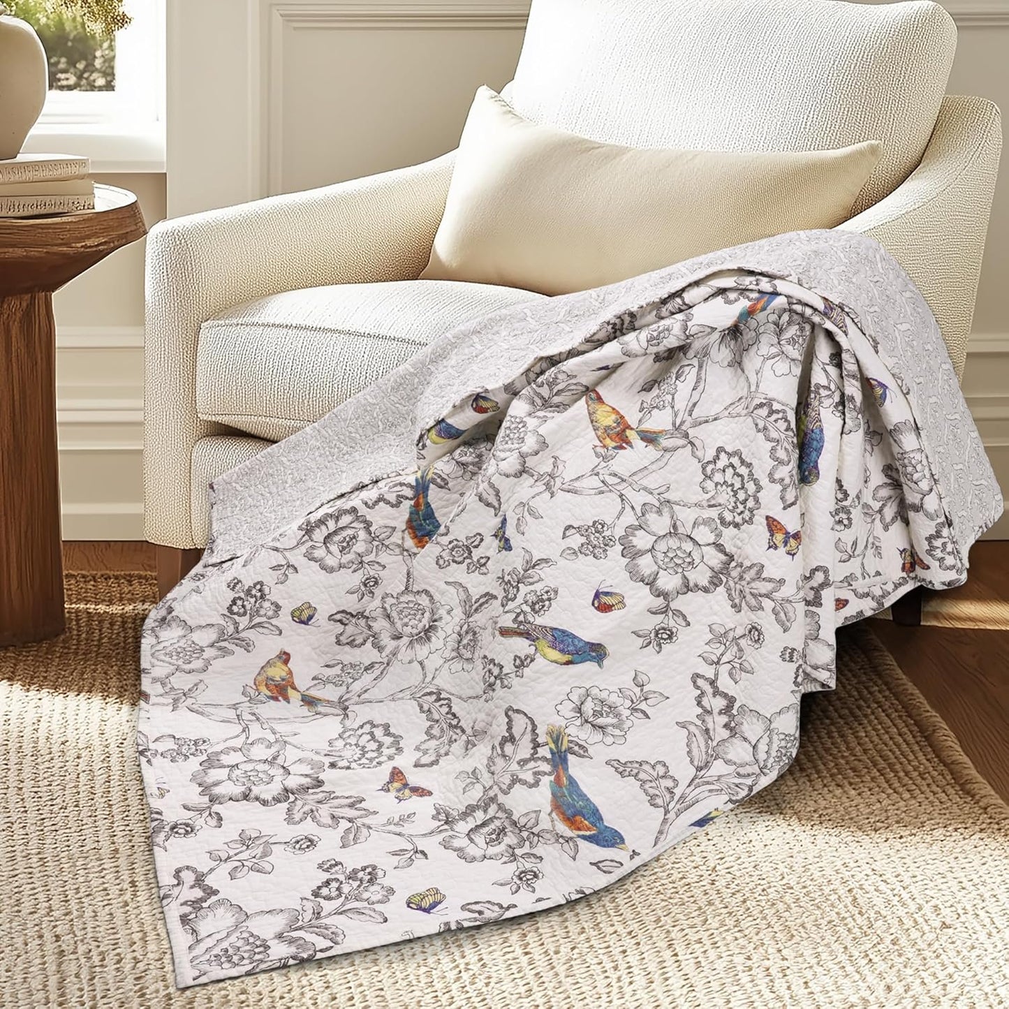 Levtex Home - Mockingbird - Quilted Throw - 50x60in. - Grey Toile with Birds and Butterflies - Reversible Pattern - Cotton