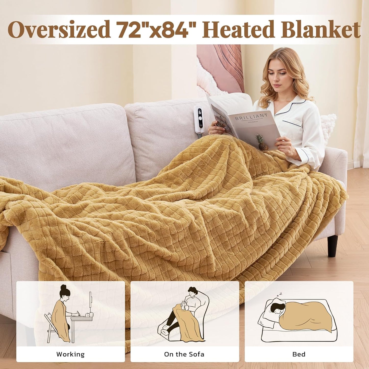 CURECURE Heated Blanket Full Size 72"x84", Soft Warm Faux Rabbit Fur Electric Blanket with 6 Heating Levels, 10 Hours Auto-Shutdown, Fast Heating, Home Use, Machine Washable, Gifts for Adults, Khaki