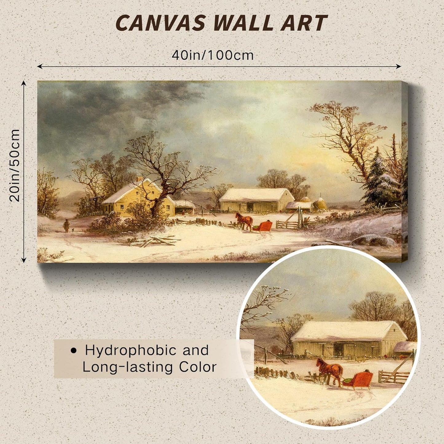 crmotu Large Landscape Wall Art, Farmhouse Wall Decor, Winter Wall Art, Snowy Farm Canvas Painting, Vintage Aesthetic Pictures for Living Room Bathroom Bedroom Kitchen Art Prints 20"X40"