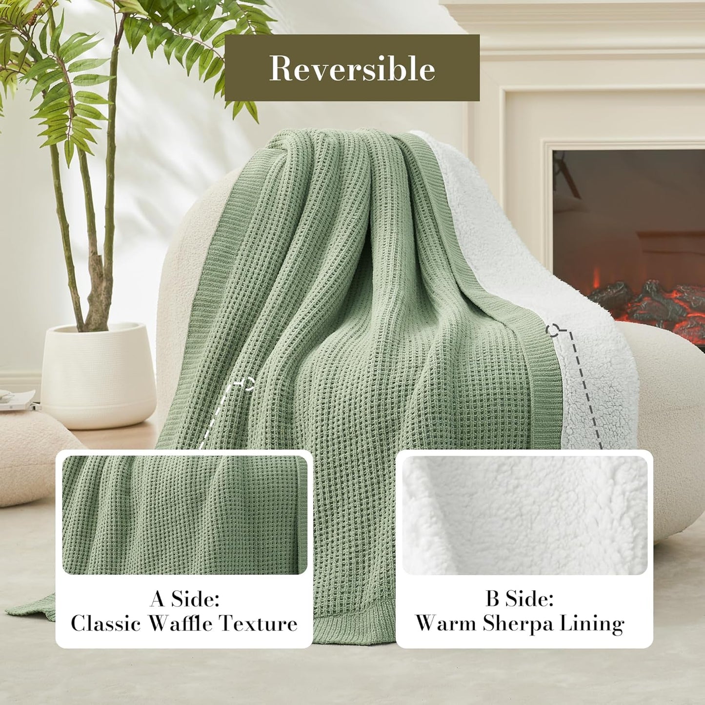 Amélie Home Reversible Waffle Weave Throw Blanket, Chenille Knit with Warm Sherpa, Soft Cozy Blanket for Couch, 50"x60", Sage Green