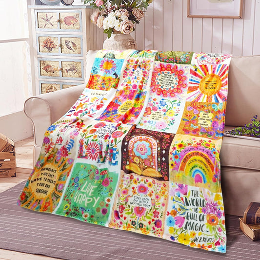 Boho Floral Throw Blanket Natural Life Patchwork Blankets, Natural Life Gifts for Women with Inspirational Thoughts, Soft Warm and Cozy Flannel for Sofa Bed Couch Travel 50"x60"