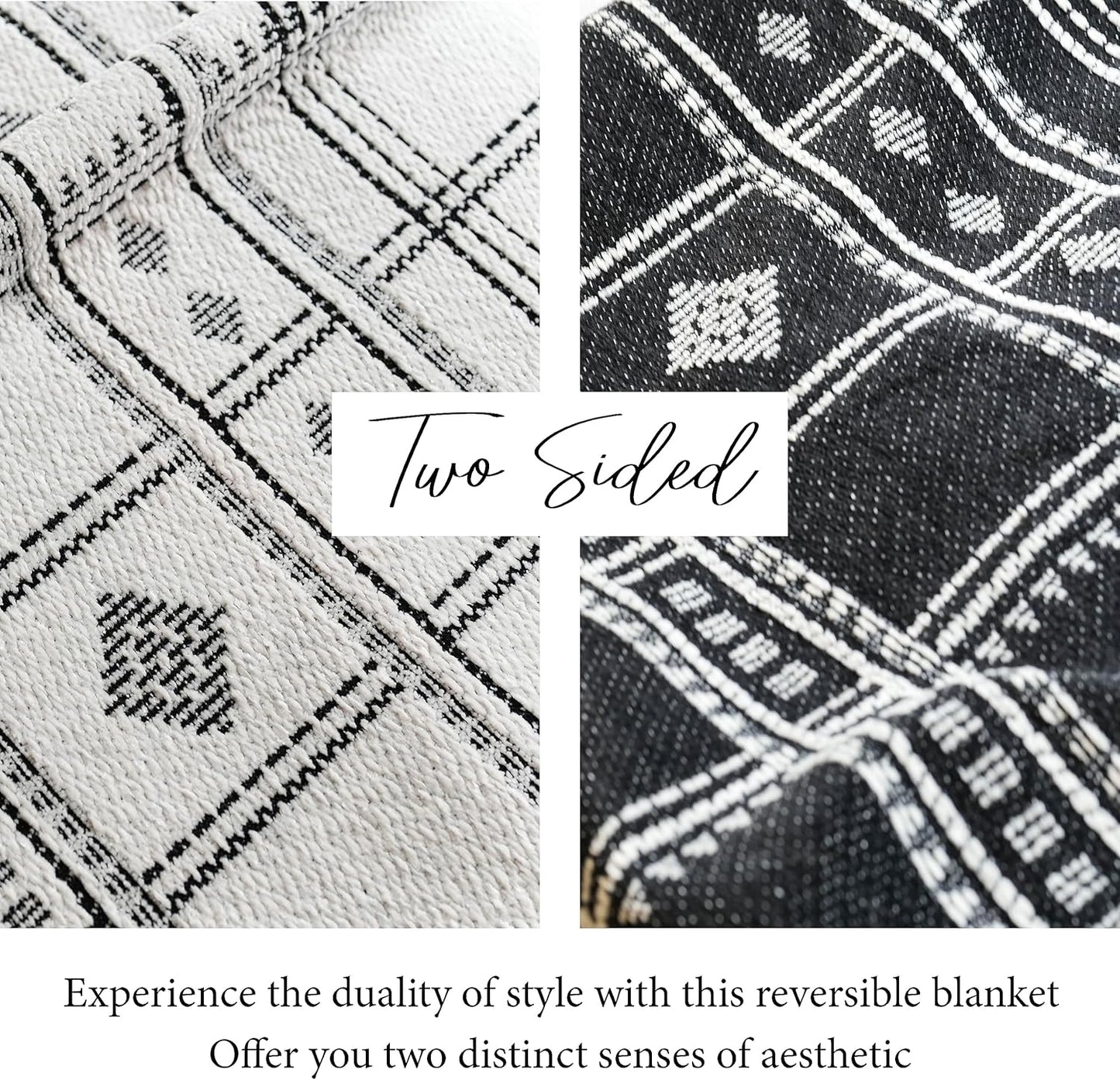 BlissBlush White Black Boho Throw Blanket, Warm Soft Comfy Chenille 55x65, Textured Dual Sided Reversible Blanket for Couch Bed, Skin Friendly