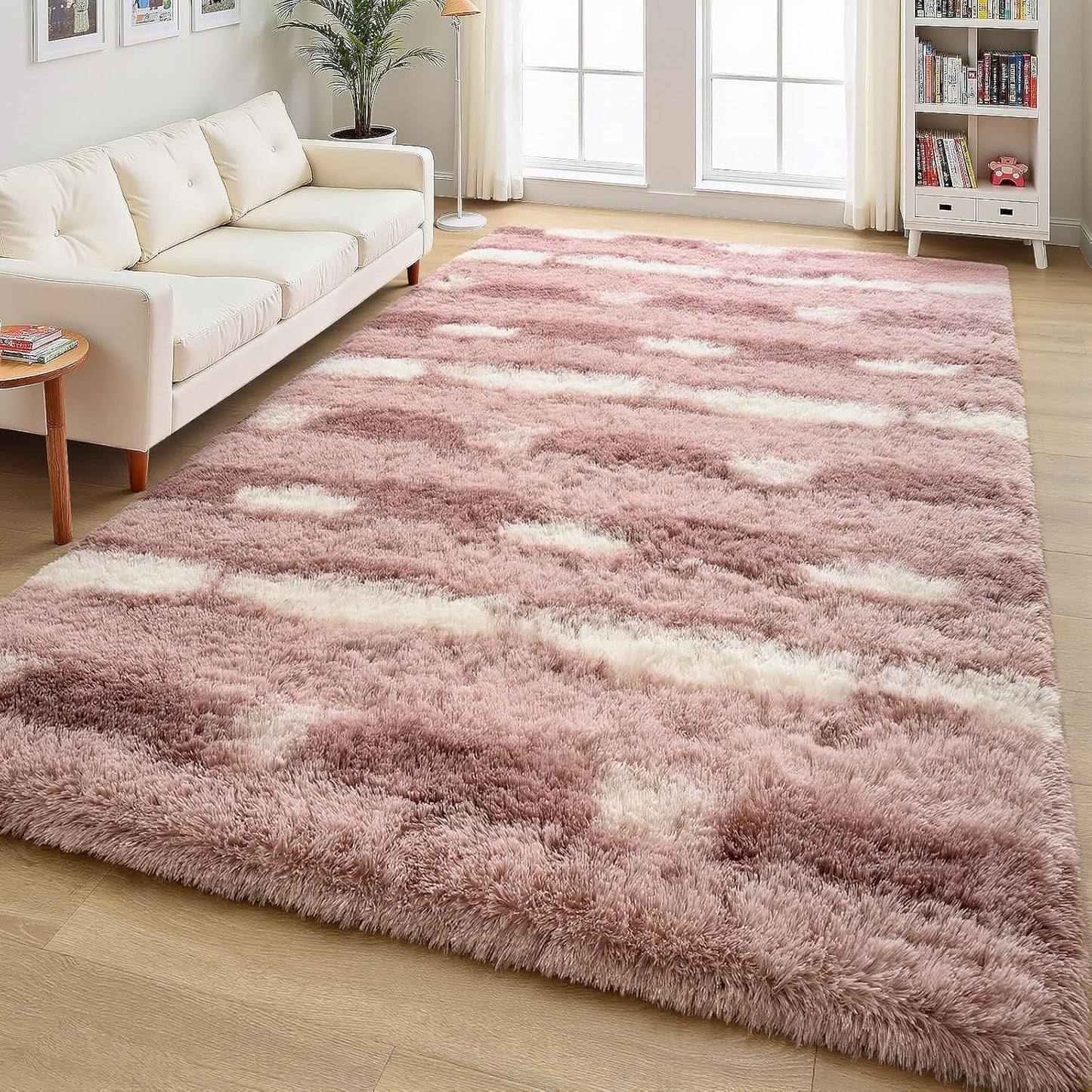 Pink White Striped Rugs for Girls Bedroom, 4x6 Feet Fluffy Cute Kids Room Decor Aesthetic Area Rug, Fuzzy Shaggy Carpets for Living Room, Playroom, Nursery, Indoor Non Slip Washable Carpet
