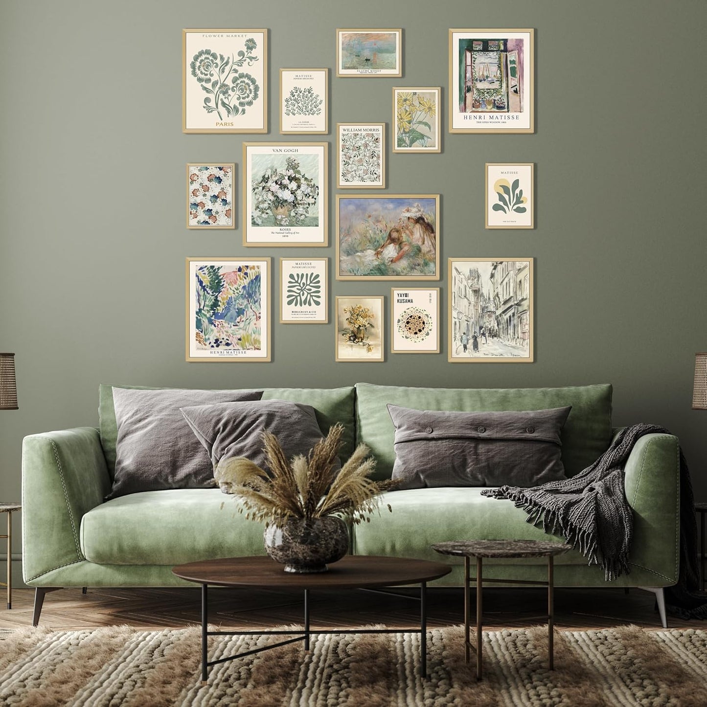15 PCS Sage Green Wall Art Decor, Matisse Wall Prints, Abstract Posters for Room Aesthetic, Wall Art For Living Room Bedroom, Eclectic Boho Vintage Dorm Gallery Home Decor (Unframed, Green 1)