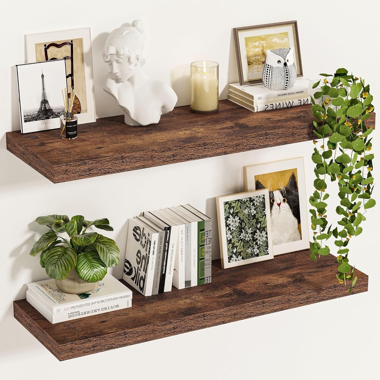 Vivelove 12 Inch Deep Floating Shelves for Wall, 24x12 Long Wall Shelves with Invisible Brackets, for Living Room Bedroom Bathroom, Farmhouse Rustic Shelves Home Decor, Set of 2, Rustic Brown