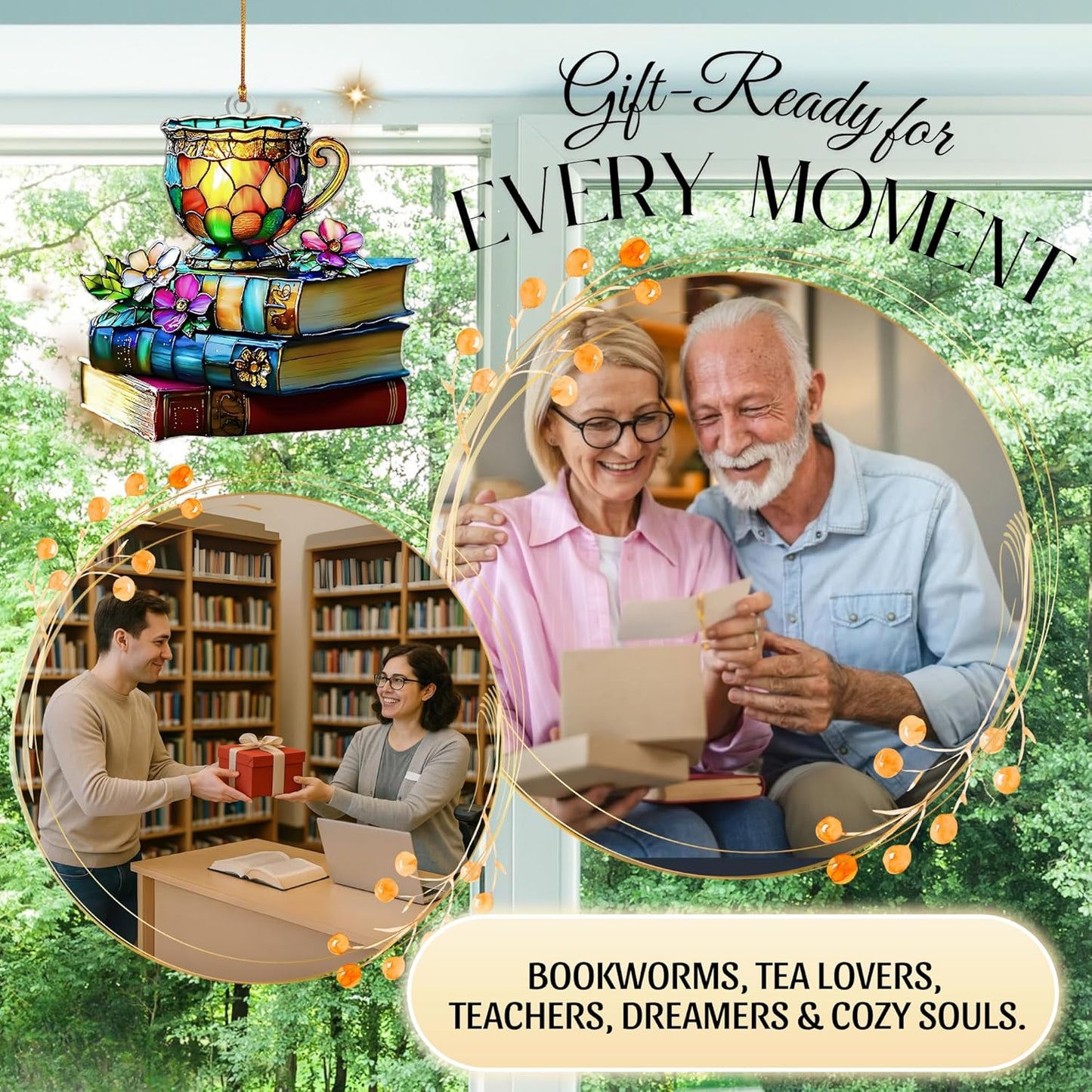 Book Lovers Gifts for Women -Tea Books Ornament, Floral Book Ornament, Gift for Readers Friends Coworker, Hanging Literary Decor, Reader, Bookworm, Book Ornament Faux Stained Glass Window Hanging.