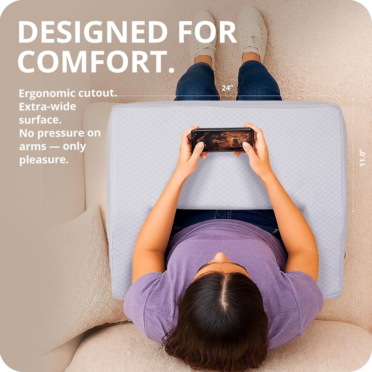 Reading Pillow for Gaming & Laptop (Includes 2 Washable Pillowcases) – 24″ Laptop Pillow for Bed, Couch, Steam Deck, Switch, High Density Foam Arm Rests, Pockets, Ergonomic Back Support