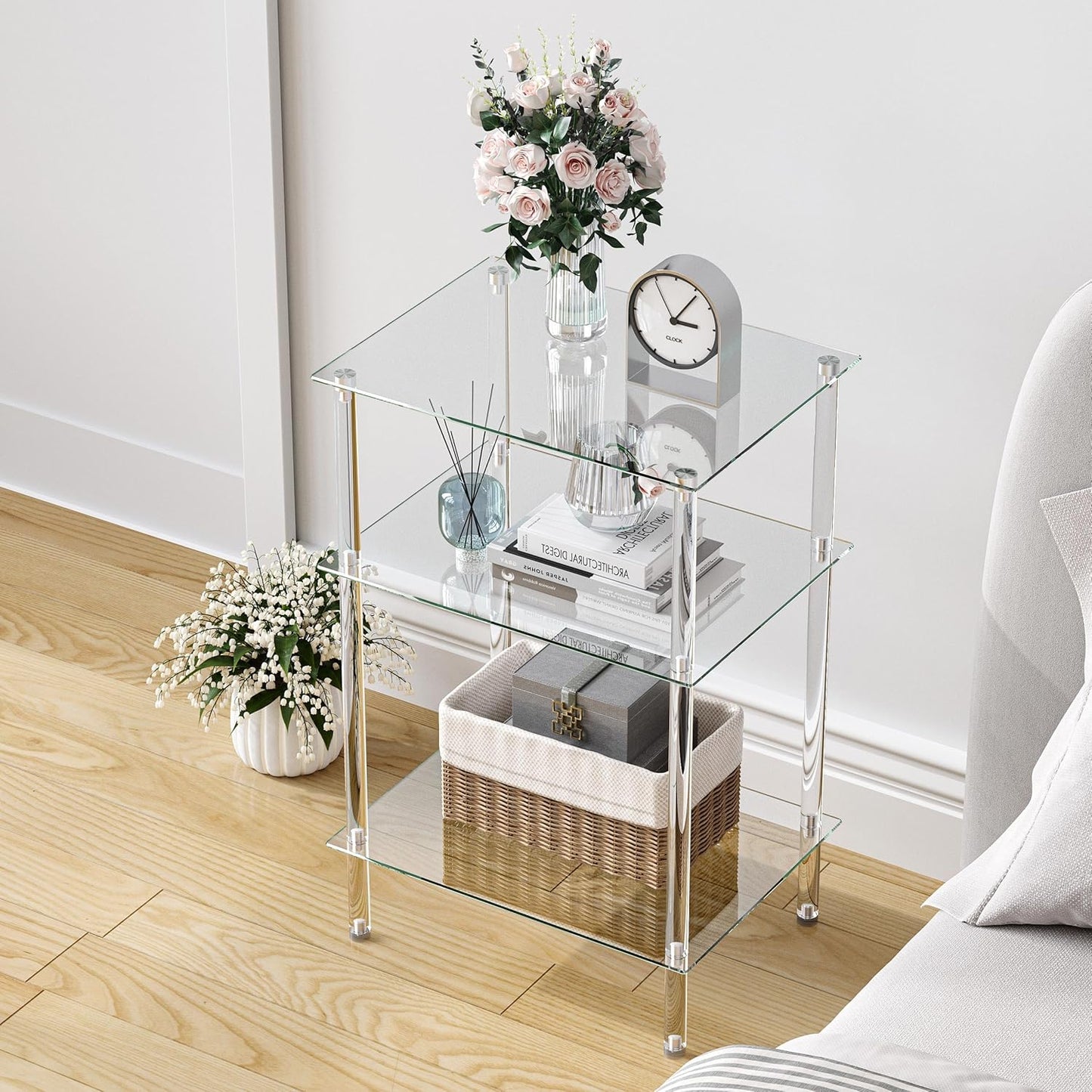 Tempered Glass Side Tables Set of 2 Acrylic End Table with 3 Storage Shelve transparent Bedside simplicity clear 3-Tier Nightstands small Spaces Office Bedroom Living Room Study Transparent ET-008TR3T