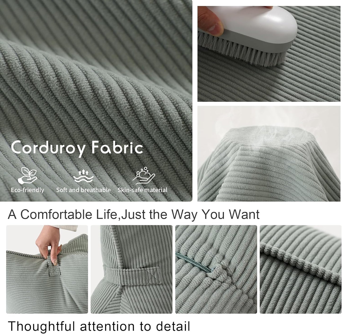 Corduroy Lumbar Support Back Pillow for Sitting Up & Reading, Ergonomic Triangle Back Support Cushion for Sofa, Armchair & Bed, Removable Washable Cover, Grey Green