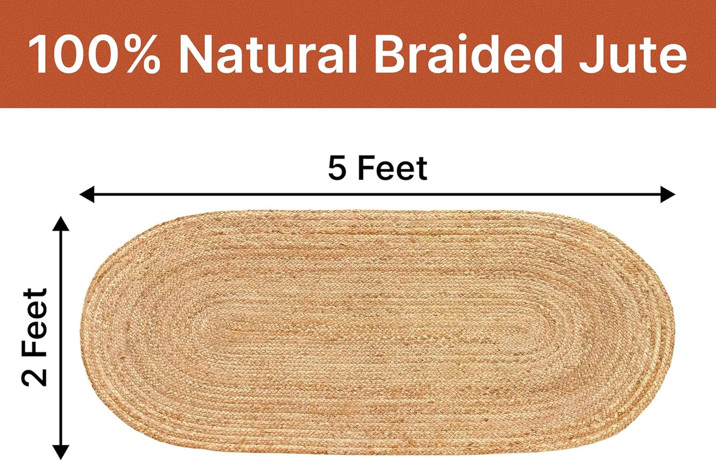 MDS Pack of 1 Handwoven Braided Jute Area Rug 2x5 feet Oval - 100% Natural Burlap Reversible Accent Rugs for Home Decor, Living Room, Doormat, Kitchen, Entryway Rug, Rustic, Farmhouse (2'x5')