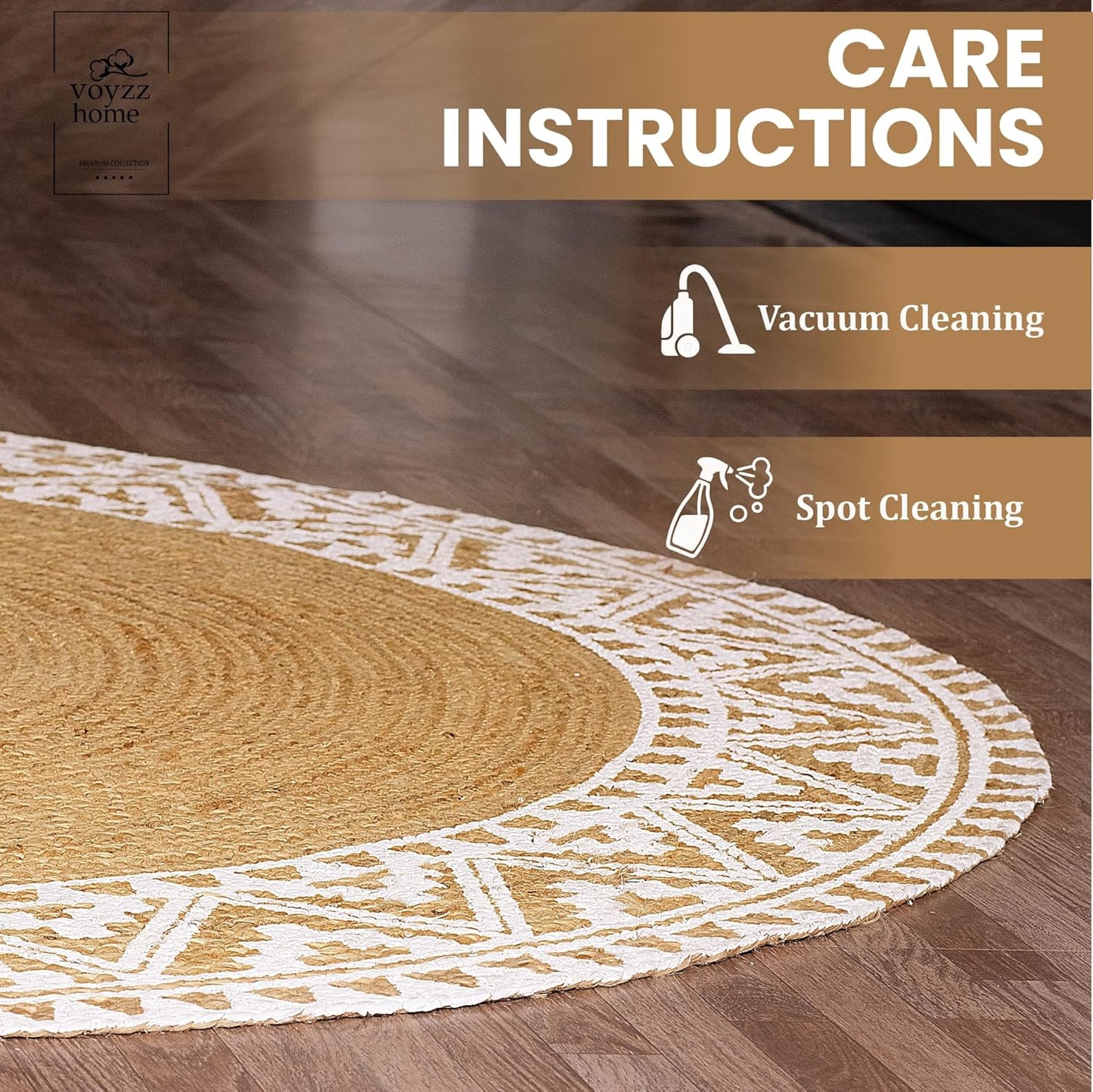 voyzz home Premium Natural Jute Braided Area Rug, 3-feet Round, White Printed Border, Stain Resistance, Natural Handmade Rug for Entryways, Living Room, Dining Room, Bedroom, Farmhouse, Kitchen