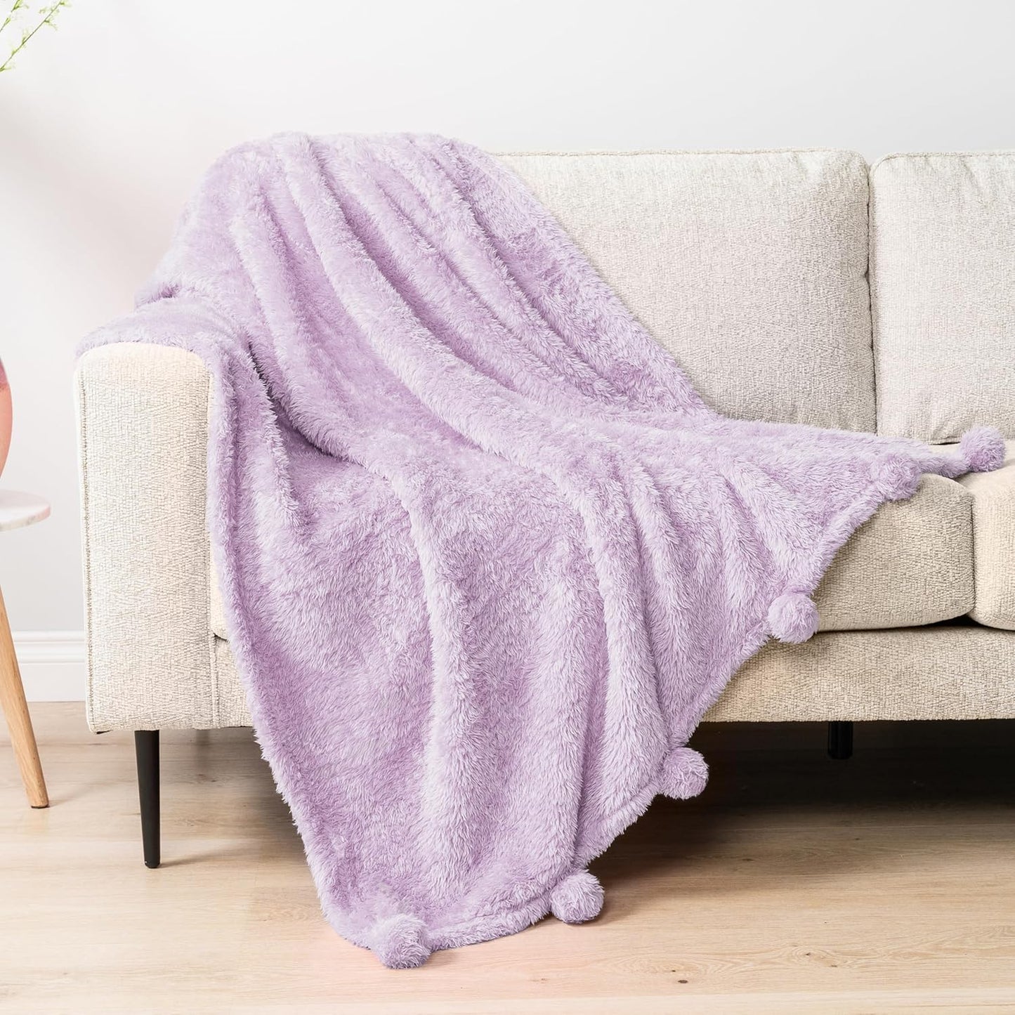 PAVILIA Lavender Sherpa Throw Blanket for Couch, Warm Plush Pom Pom Blanket Throw, Light Purple Fuzzy Sofa Throw, Lightweight Soft Cozy Fluffy Blanket with Pom Poms, Lavender, 50x60