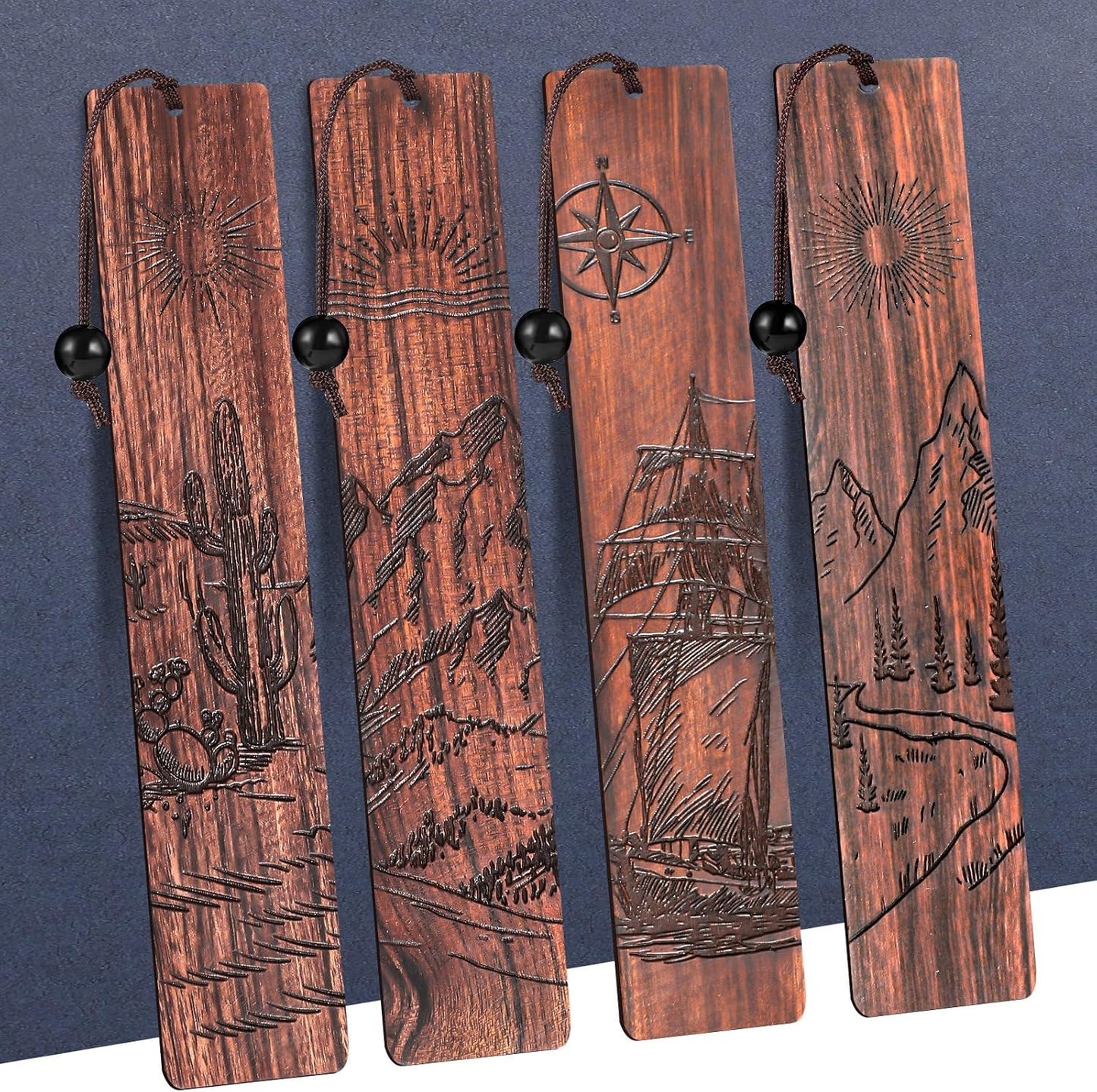 4Pcs Wood Bookmark for Men Easter Gifts, Adventure Wooden Carving Book Mark Vintage Bookmark for Men Book Lovers Birthday Present Students Teachers Appreciation