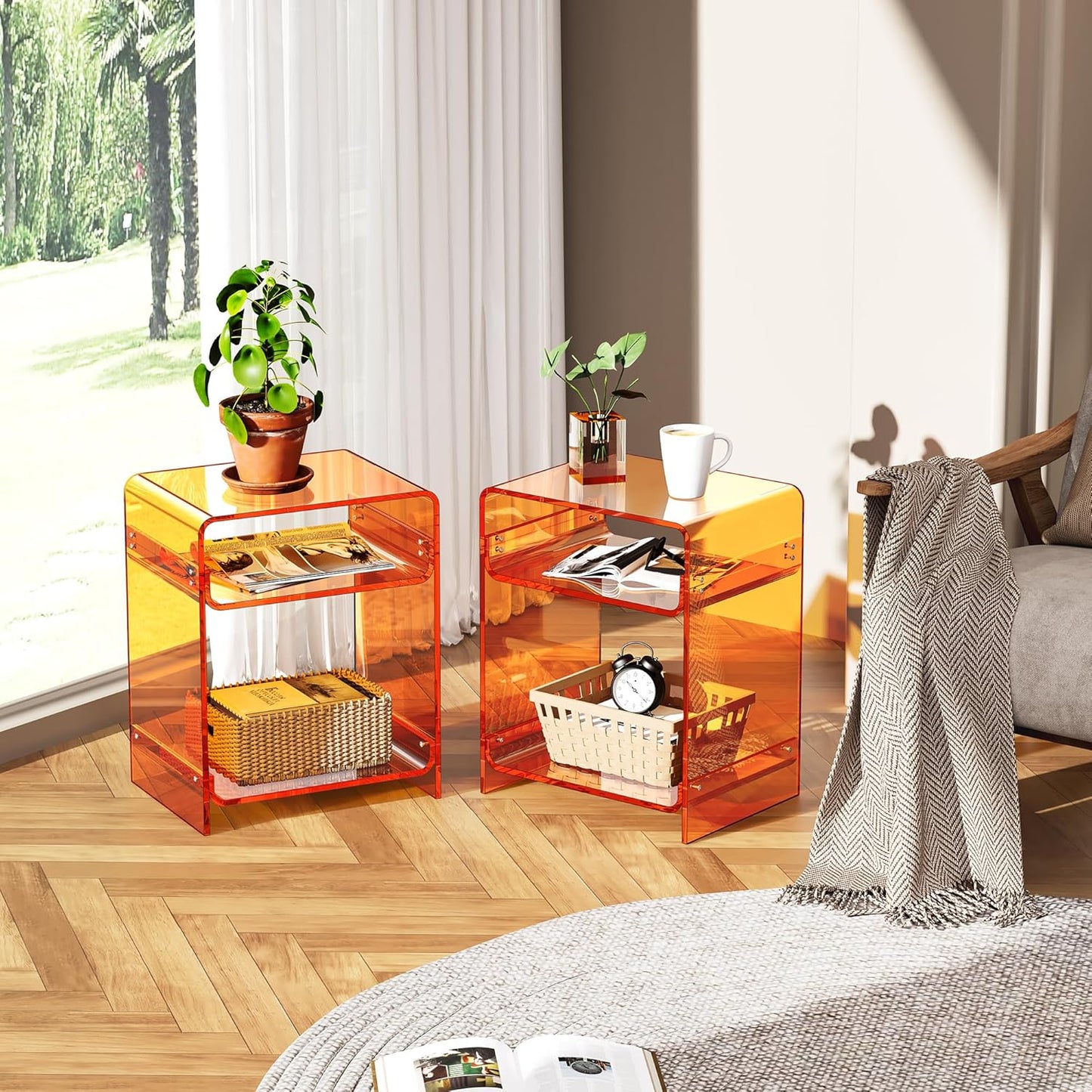 Acrylic End Table Record Player Table with Storage Shelf Clear Side Table Nightstand (Orange Double)