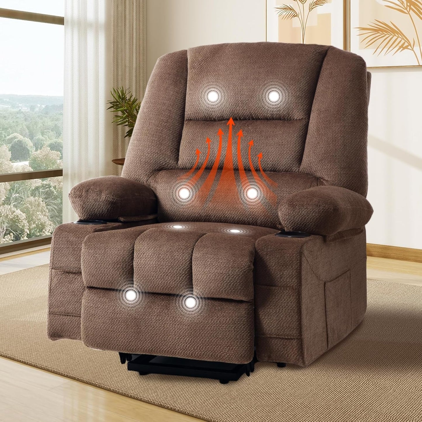 Overstuffed Fabric Electric Massage Recliner Chair for Elderly People with Heat with USB Port Cup Holder Brown Power Lift Recliner Chair for Seniors Adults