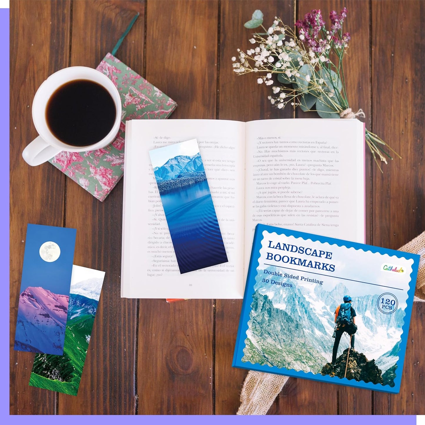 120 PCS Landscape Bookmarks, 30 Designs Double Sided Printing Paper Bookmarks Scenery Book Markers with PET Film for Primary Middle High Reading Students, Book Lovers (2.4” x 6.1”)