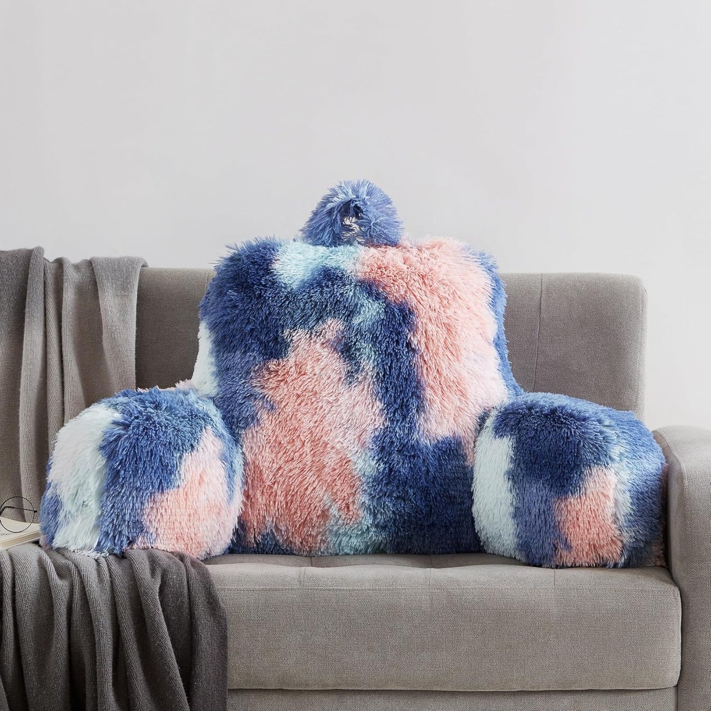 Fluffy Fur Reading Pillow for Adults & Kids Unisize, Stylish Back Pillow for Bed Sitting Up, Bed Chair Pillow with Arms, Adorable Gift for Teens, Bed Rest Sit Up Back Support Pillow