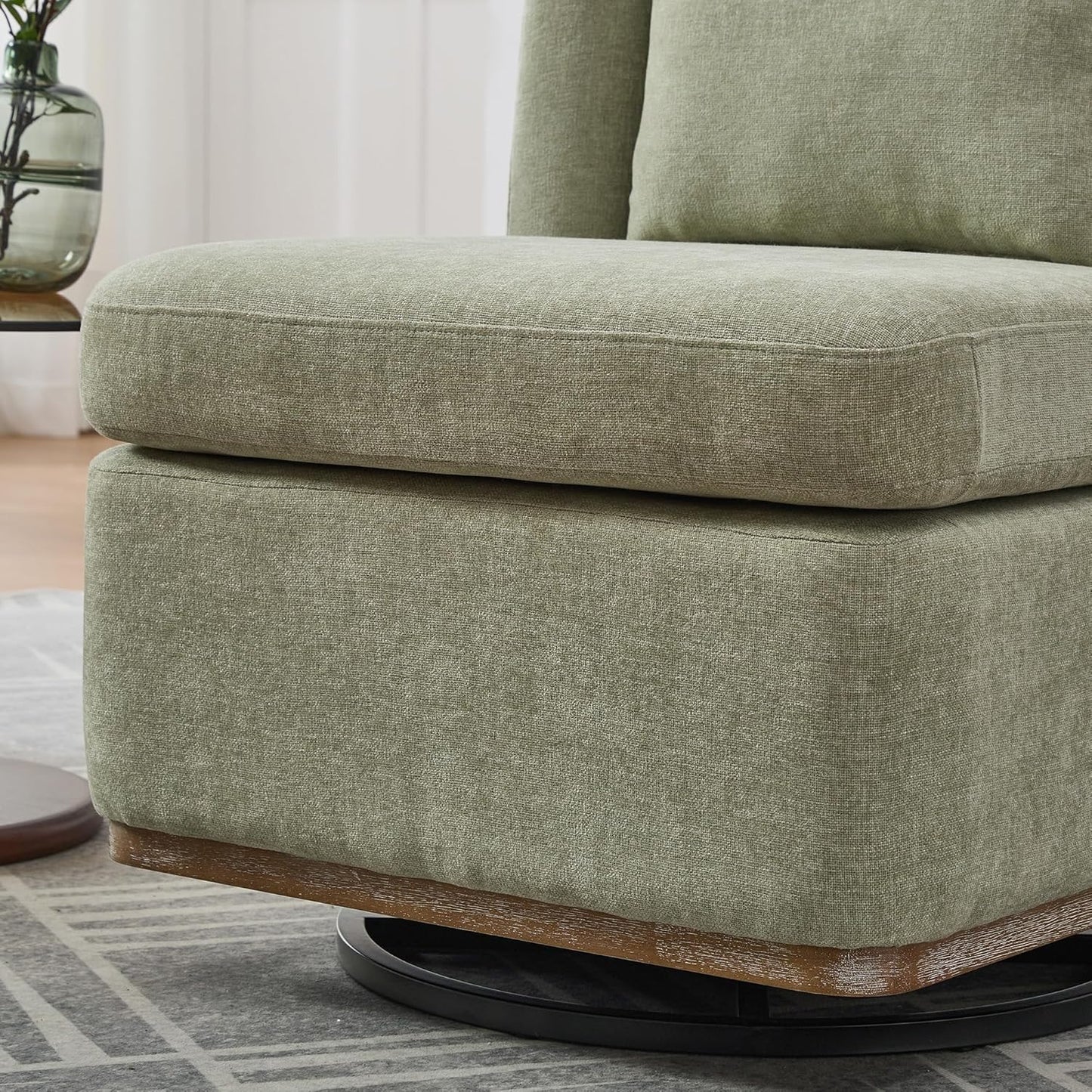 Modern Swivel Accent Chair 25.2 "Wide Chenille Upholstered Armless Sofa Chair with Pillow, 360° Swivel Reading Chair with Metal Base for Living Room Family Room Bedroom Lounge Area, Office, Pale Green