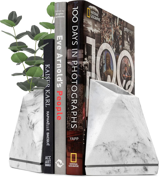 Marble Style Bookends - Decorative, Heavy Duty Book Holder for Shelves, Non Skid, Unique Design (White)