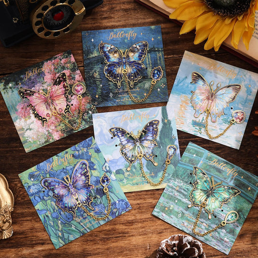 6 Pieces Metal Butterfly Bookmarks with Chain, Golden Hollow Bookmark Monet Oil Painting Theme Book Mark Bookmarks for Book Lovers Women Writers Readers Children Teens