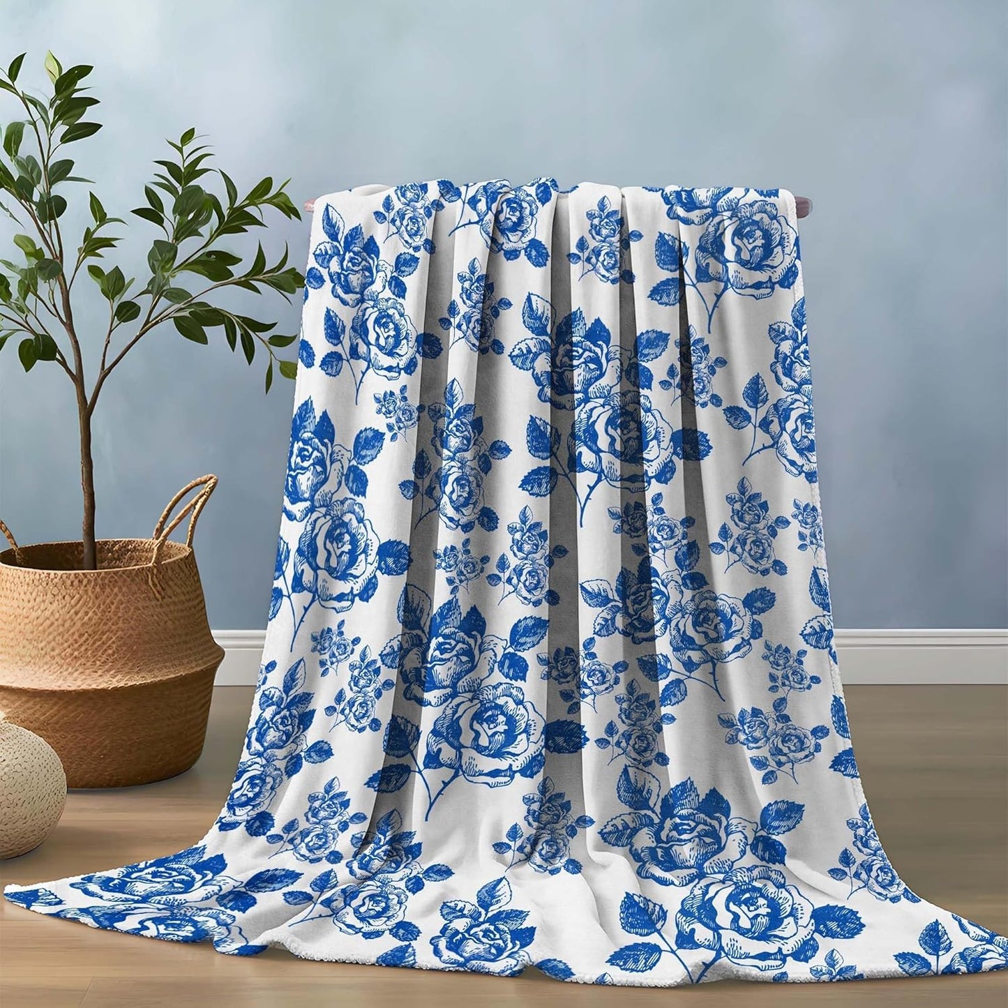Blue Floral Throw Blanket Blue and White French Country Chinoiserie Flannel Blankets for Couch Bed Living Room Sofa, Decorative Patterned Super Soft Cozy, 50x60 in