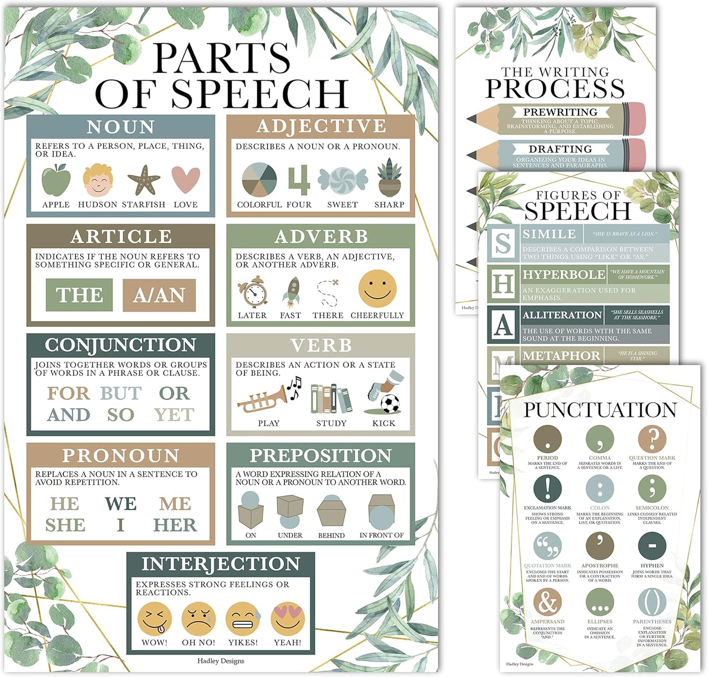 Hadley Designs Parts of Speech Posters For Classroom -4 English Grammar Posters, Writing Process Punctuation Nouns Verbs Adjectives, Language Arts Elementary Middle School, Greenery Classroom Decor