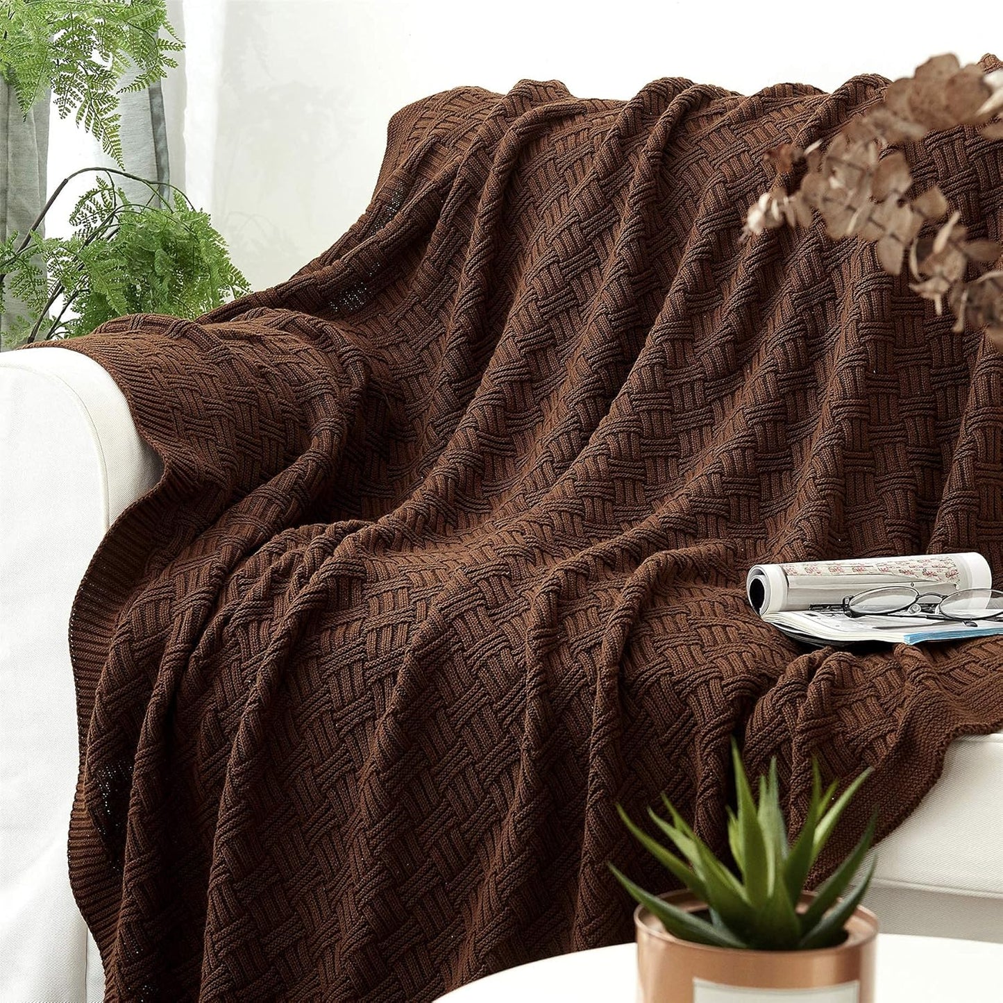 Dark Brown Cotton Knit Throw Blanket for Couch Sofa Bed - Home Decorative Soft Cozy Sweater Woven Fall Cable Knitted Blankets - 2.2 pounds 50 x 60 Inch