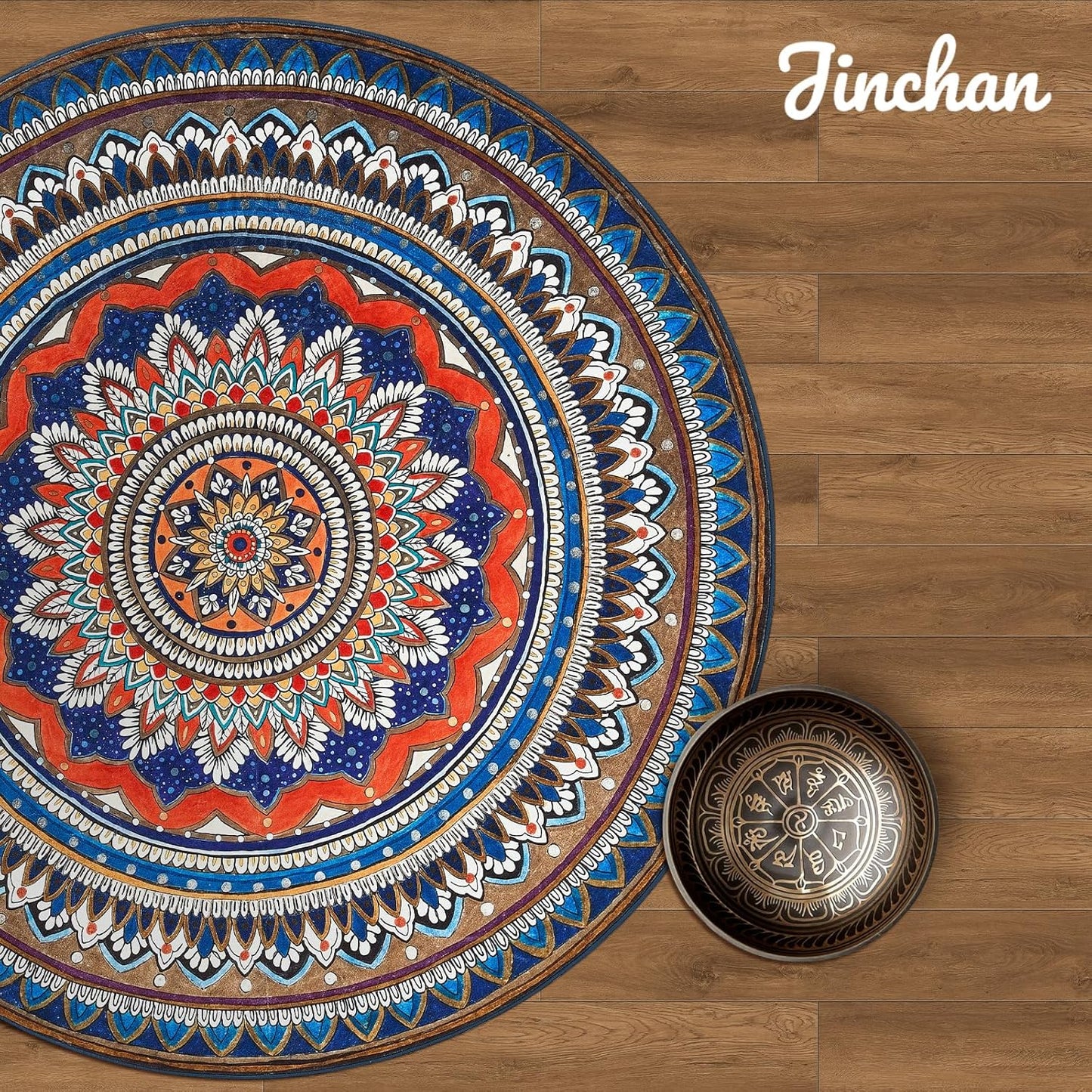 jinchan Mandala Round Rug 8ft Blue Rustic Boho Washable Rug Tribal 8' Round Vintage Peaceful Circle Rug Soft Non Slip Large Low-Profile Carpet for Dining Room Living Room Bedroom Patio, Saffron Blue