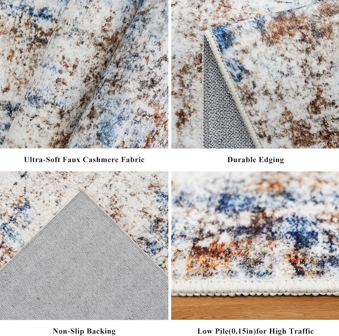 7x7 Square Washable Area Rug, Non-Slip Indoor Rug for Living Room Bedroom Dining Room, Low Pile Stain Resistant Modern Abstract Neutral (Blue Brown)