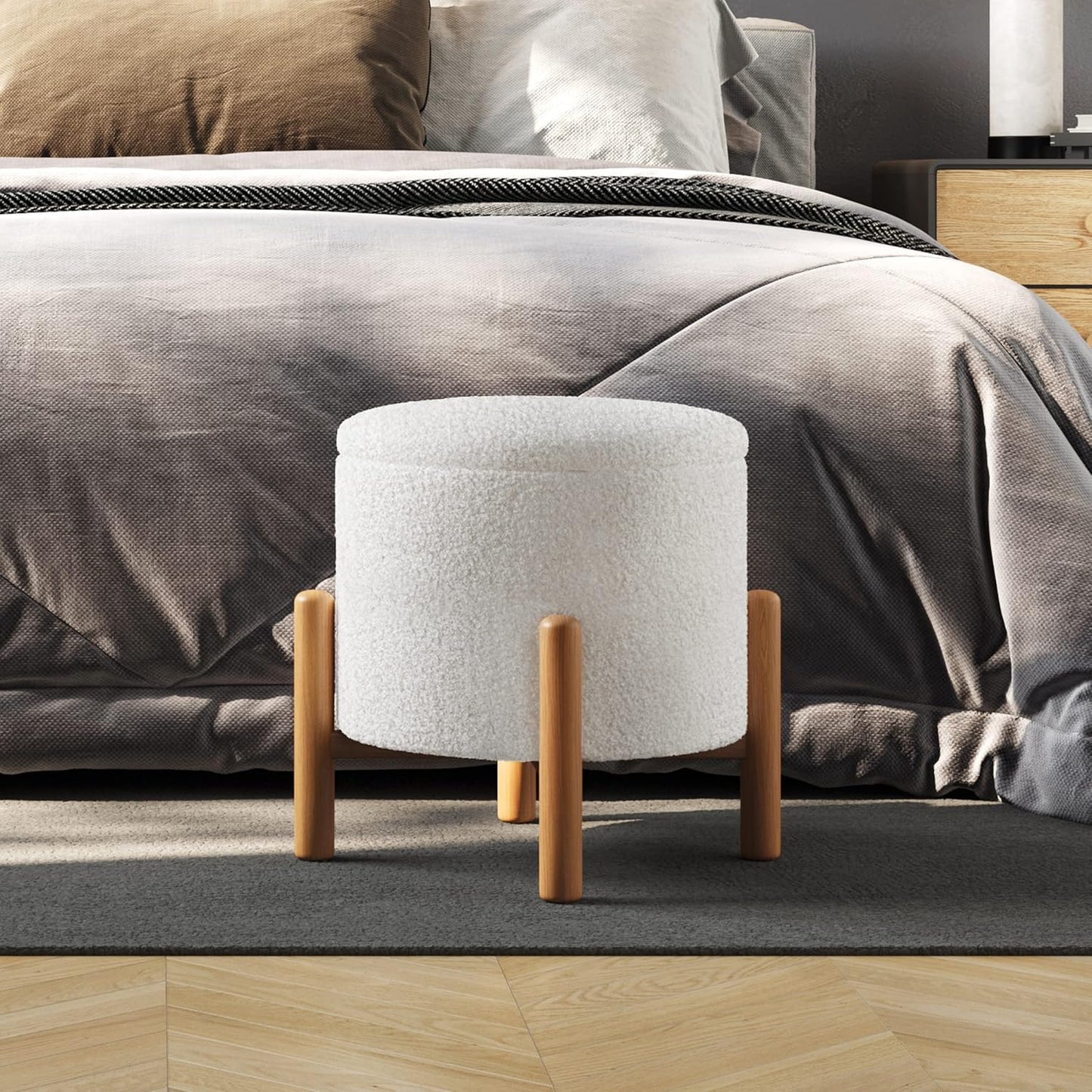 Round Sherpa Storage Ottoman Pouf with Removable Lid – Plush Couch Footrest & Hidden Organizer for Small Spaces, Dorm or Living Room by Lavish Home (White)