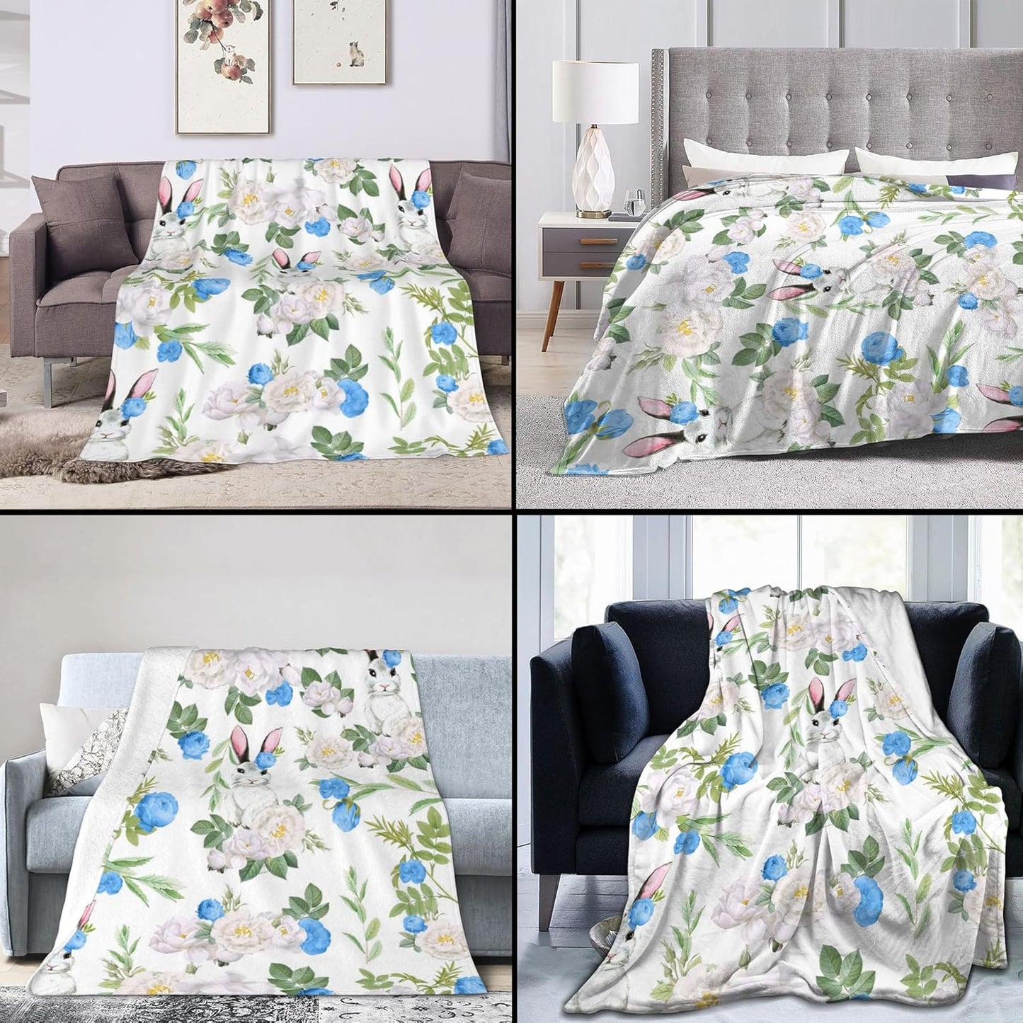 Easter Bunny Floral Blanket - Cozy Fuzzy Plush Warm Spring Watercolor Floral Rabbits Blanket for Decorations - 60x80 inch