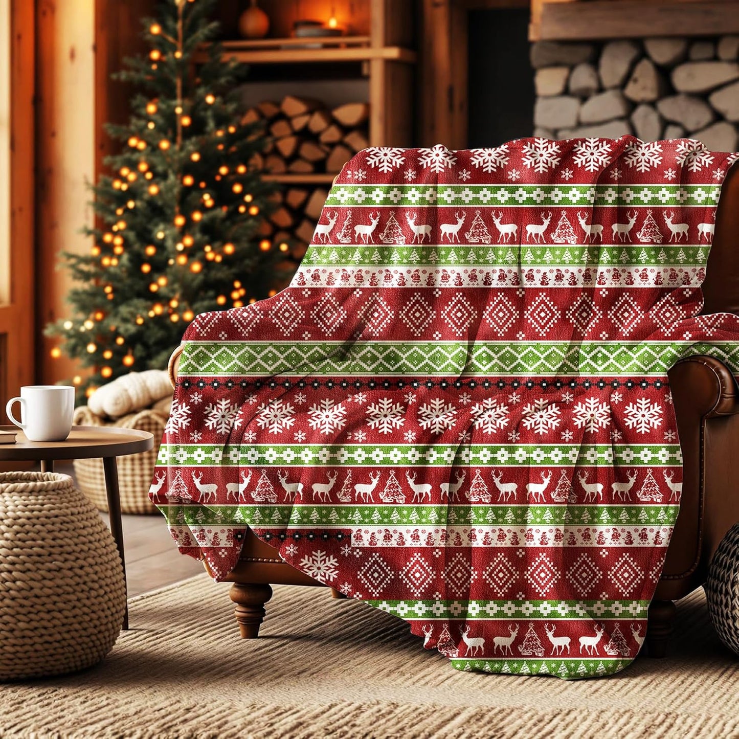 DIYKST Christmas Throw Blanket with Snowflake and Reindeer Pattern, Red Green White Holiday Design