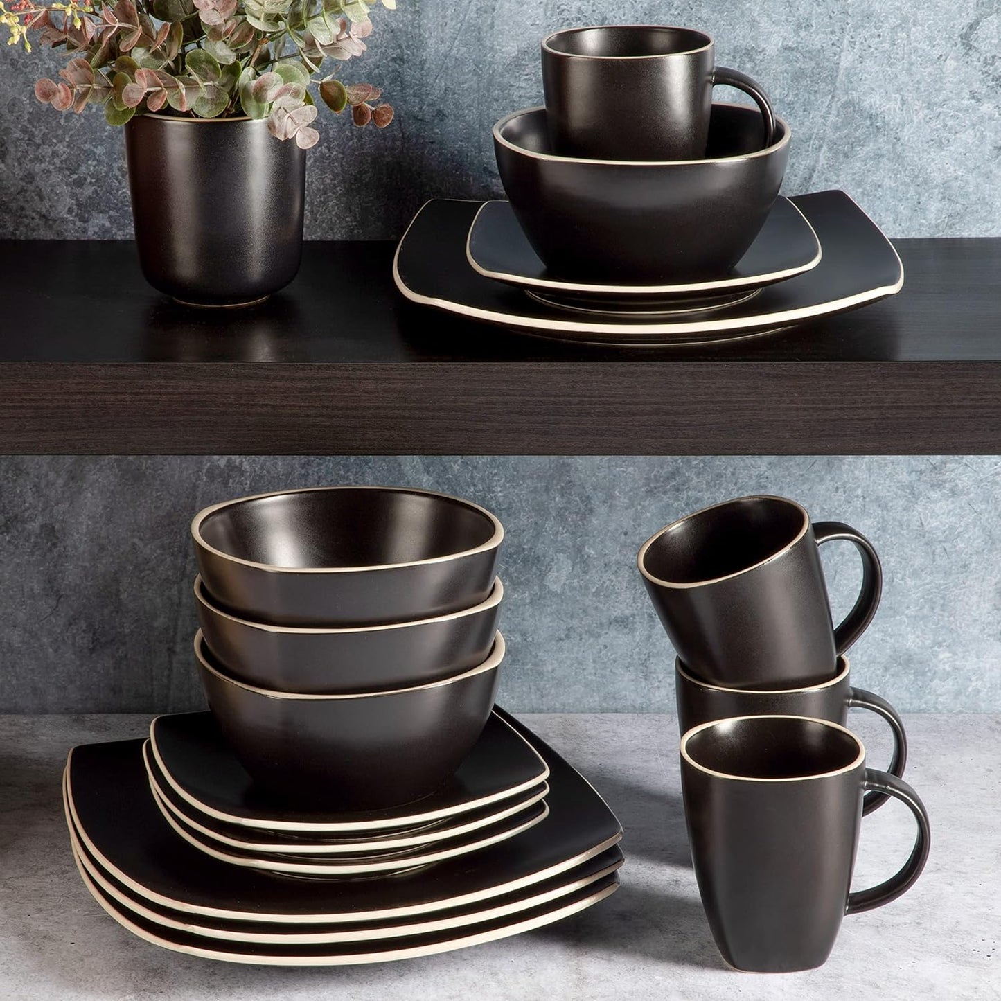 Gibson Home Soho Lounge Dinnerware Set, Service for 4 (16pcs), Matte Black