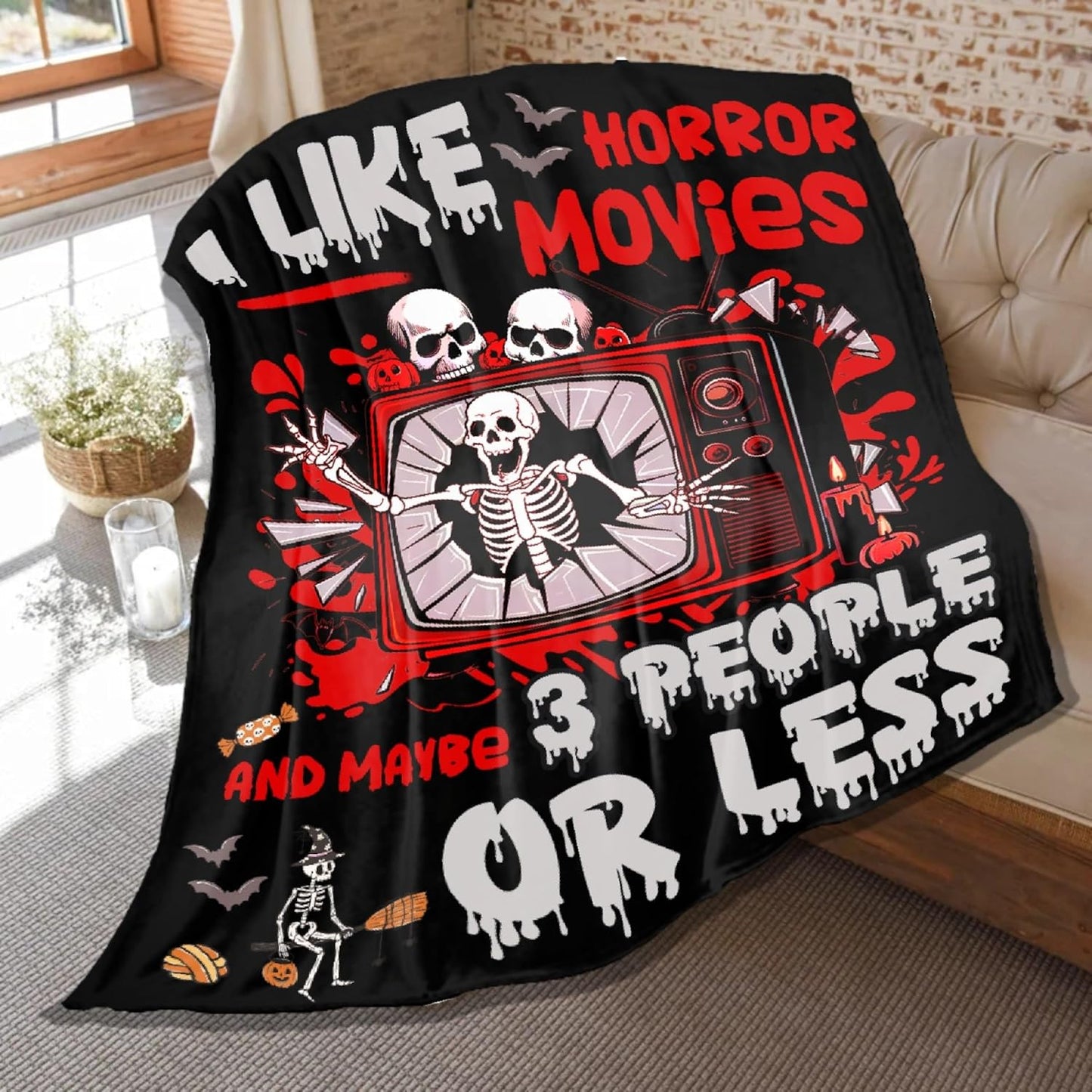 Horror Throw Blanket, I Like Horror Movies Gifts for Kids Adults, Soft Flannel Skull Blankets Quilts for Bed Sofa,Halloween Decoration for Bedroom,40"x50"