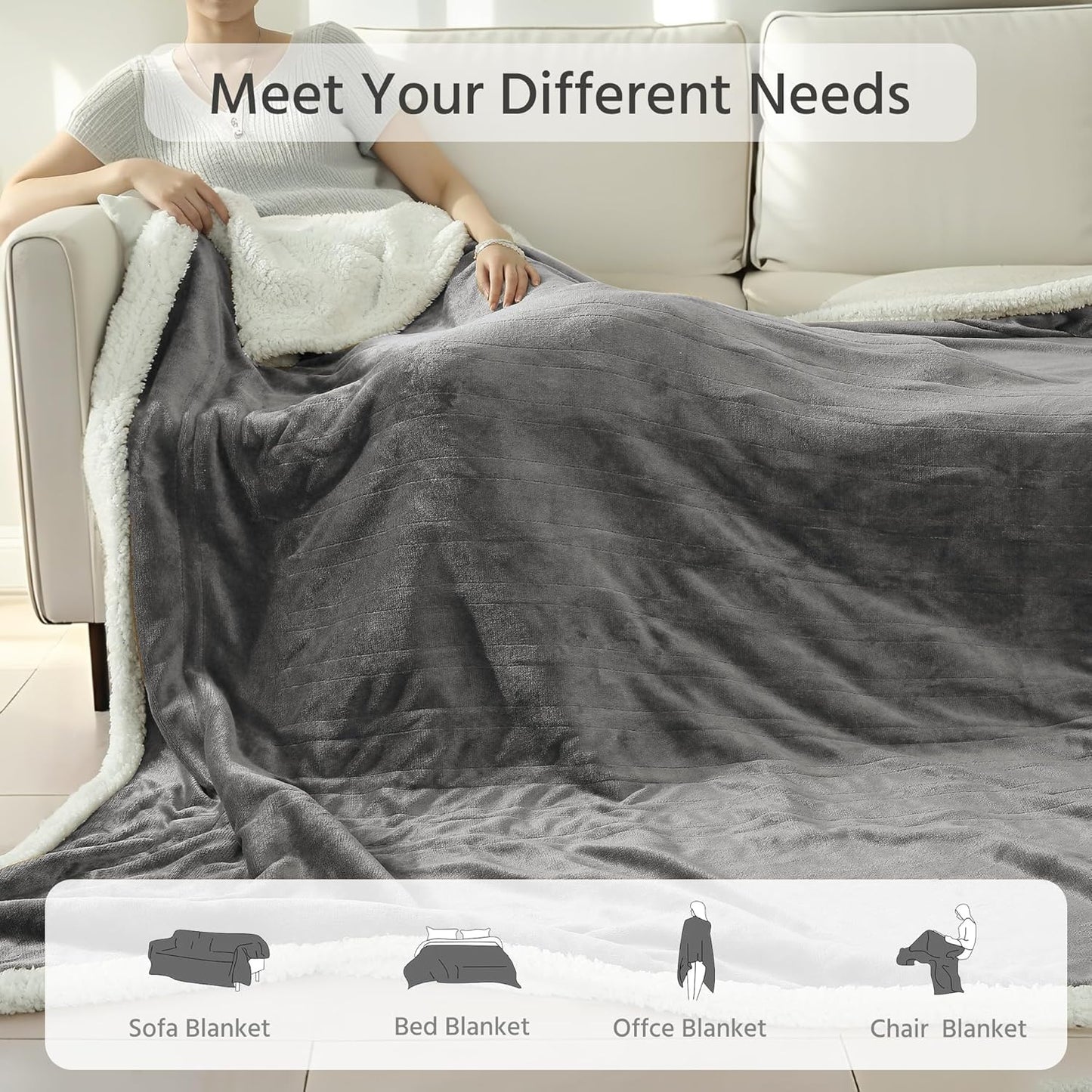 Electric Heated Blanket Full Size 72x84 Inch - Super Soft Flannel, 10 Heat Settings, 1-12H Auto Shut Off, Machine Washable, Easy Controller, Perfect for Winter Warmth - Light Grey