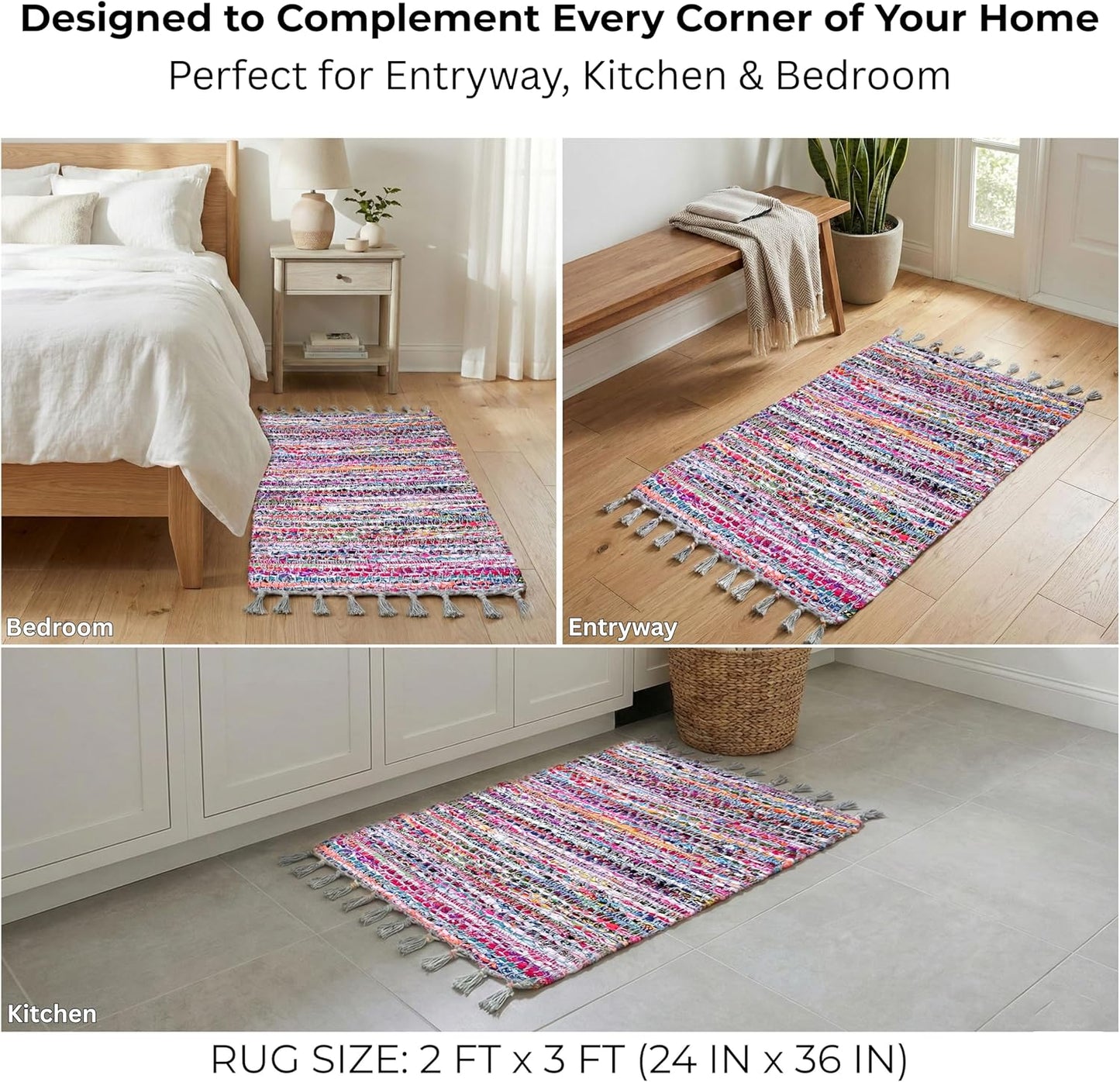 100% Cotton Rag Rug 24x36 - Multicolor Chindi Rug - Hand Woven & Reversible for Living Room Kitchen Entryway Rug -Multi Color
