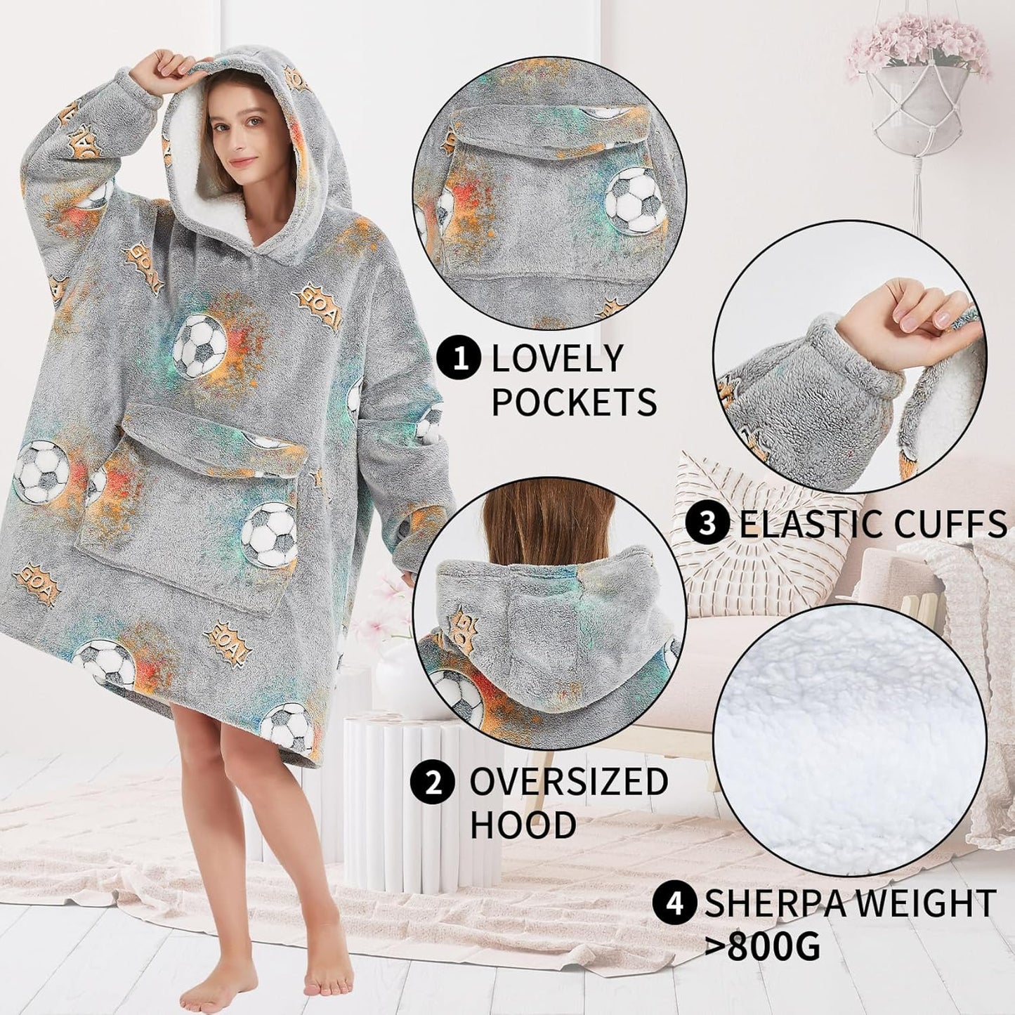 Fiosnow Glow in the Dark Football Blanket Hoodies for Women and Men Adult Oversize Wearable Blanket Hoodies for Soft and Warm