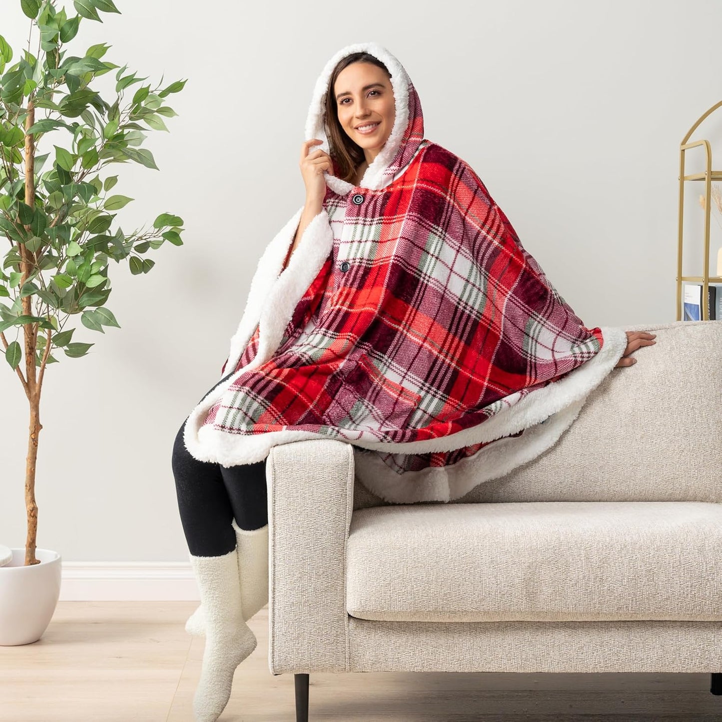 PAVILIA Sherpa Fleece Wearable Blanket for Adult Women, Cozy Plush Blanket Poncho Cape with Hood, Super Soft Shawl, Angel Wrap Throw for Office, Tartan Plaid