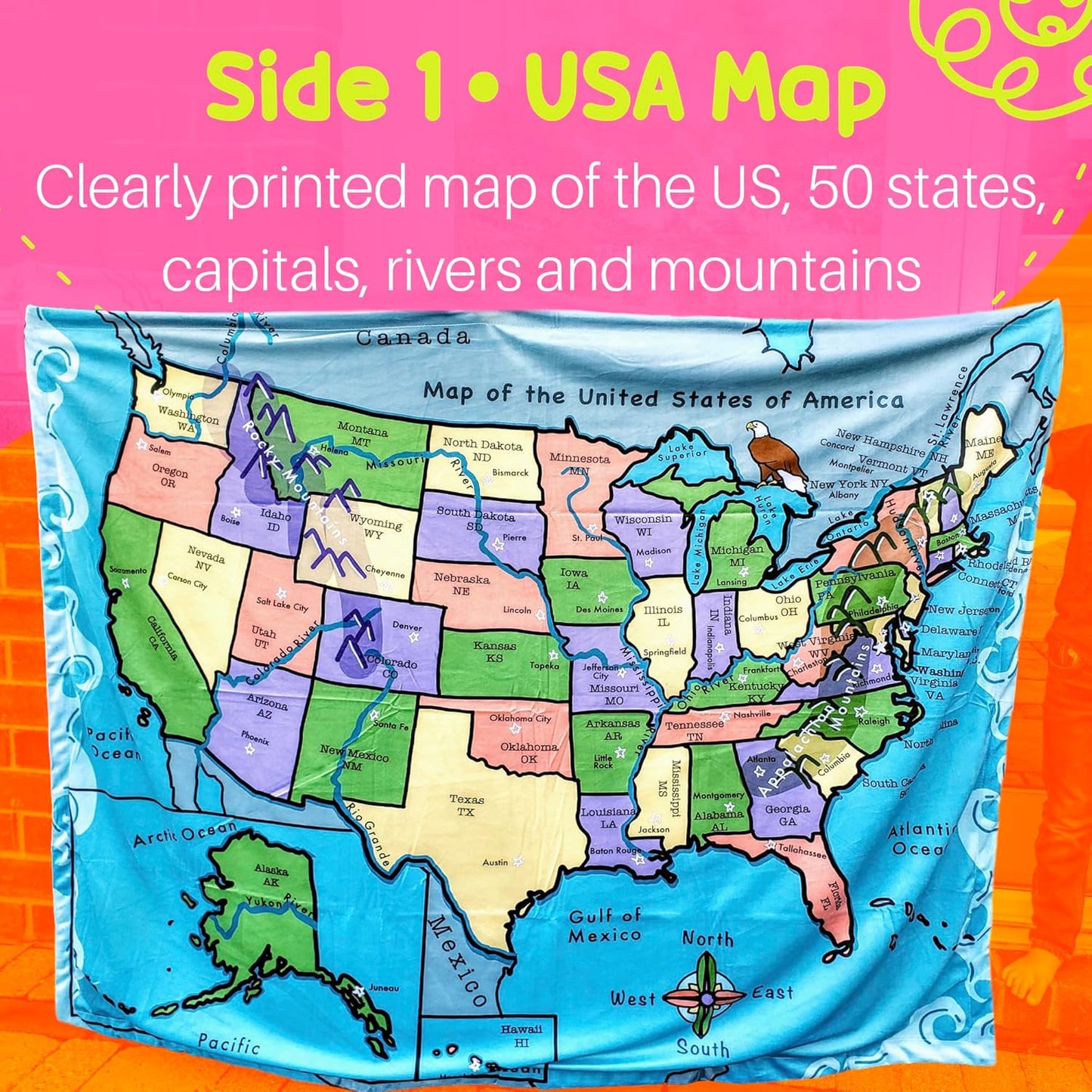 Birdy Boutique – 50 States Learning Blanket® – Double-Sided Throw – U.S. Geography Educational Blanket for Kids – Soft Minky Fleece 50" x 60" PreschoolBlanket – USA Map & State Facts for Toddlers