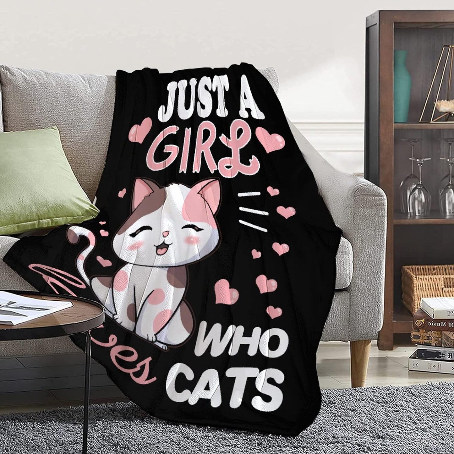 Cat Blanket Plush Gift for Kids Women Comfy Throw-Just A Girl Who Loves Cats-Soft Lightweight Kawaii Kitten Quilt Cozy Sheet Cute Animals Flannel Blankets for Halloween Couch Chair-40x50 Inches