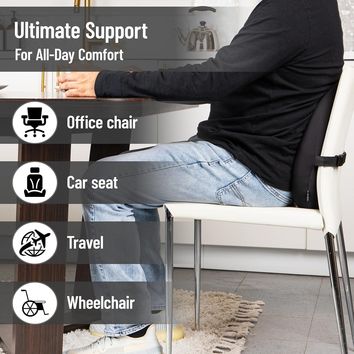 Mind Reader Lumbar Support Pillow with Air-Cloud Technology, Office Chair Back Cushion, Memory Foam, Black