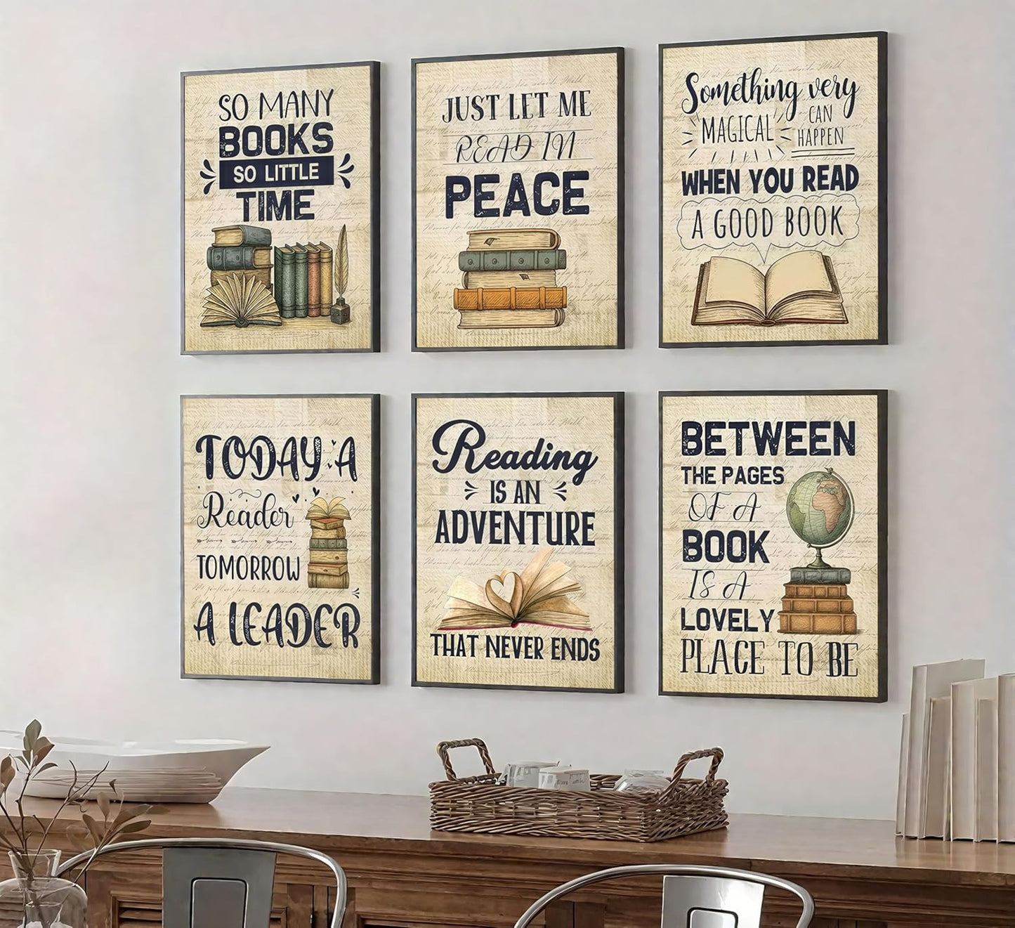 6Pcs Vintage Reading Comprehension Canvas Wall Art Retro Book Motivational Posters Prints Book Cover Wall Decor Pictures Artwork for Classroom Book Club Library Home Decoration 8''x10'' Unframed