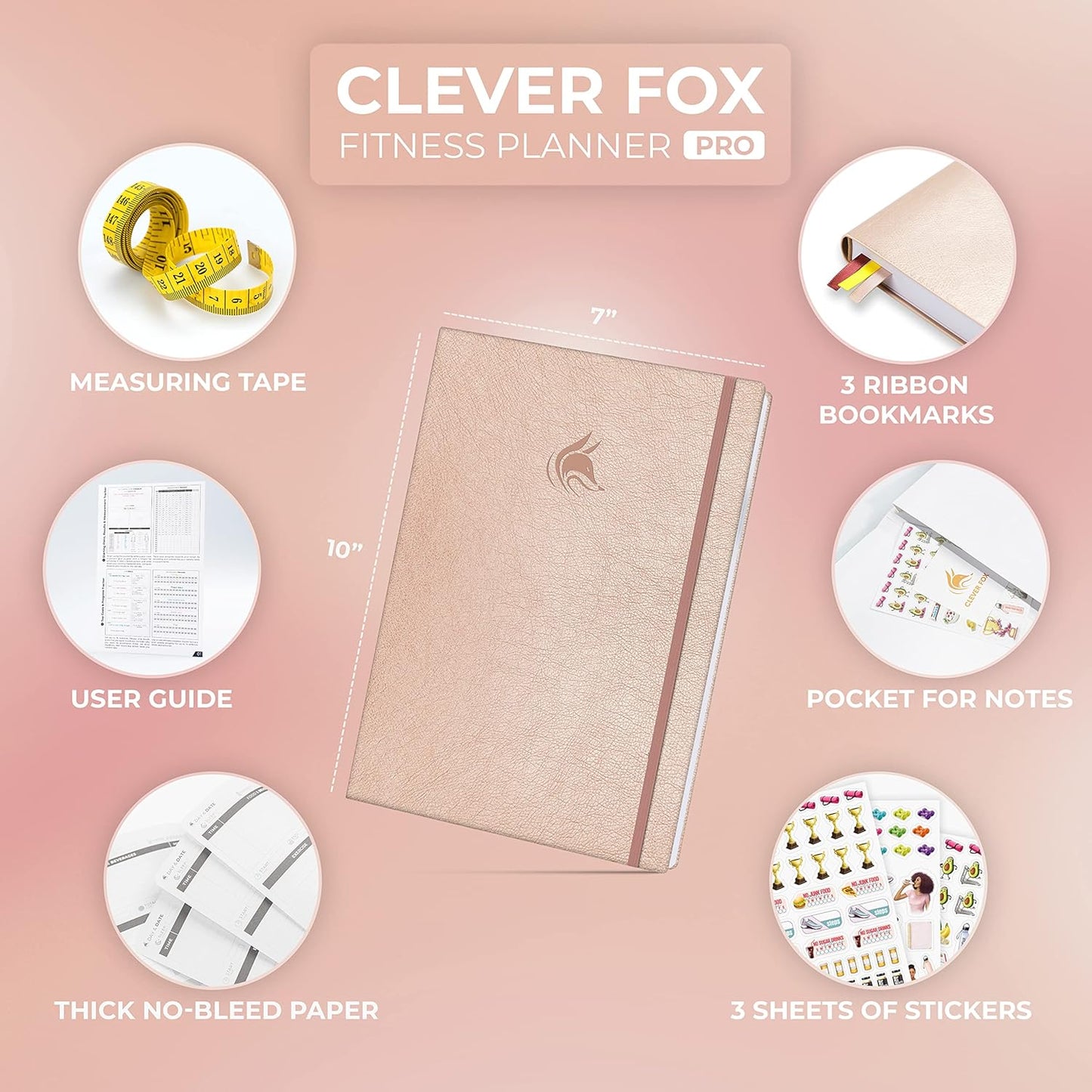 Clever Fox Fitness Journal PRO – Daily Workout Planner with Meal Planner & Habit Tracker – Gym Exercise Log Book for Women & Men – Fitness Planner Notebook – Lasts 6 Months, 7x10” - Rose Gold