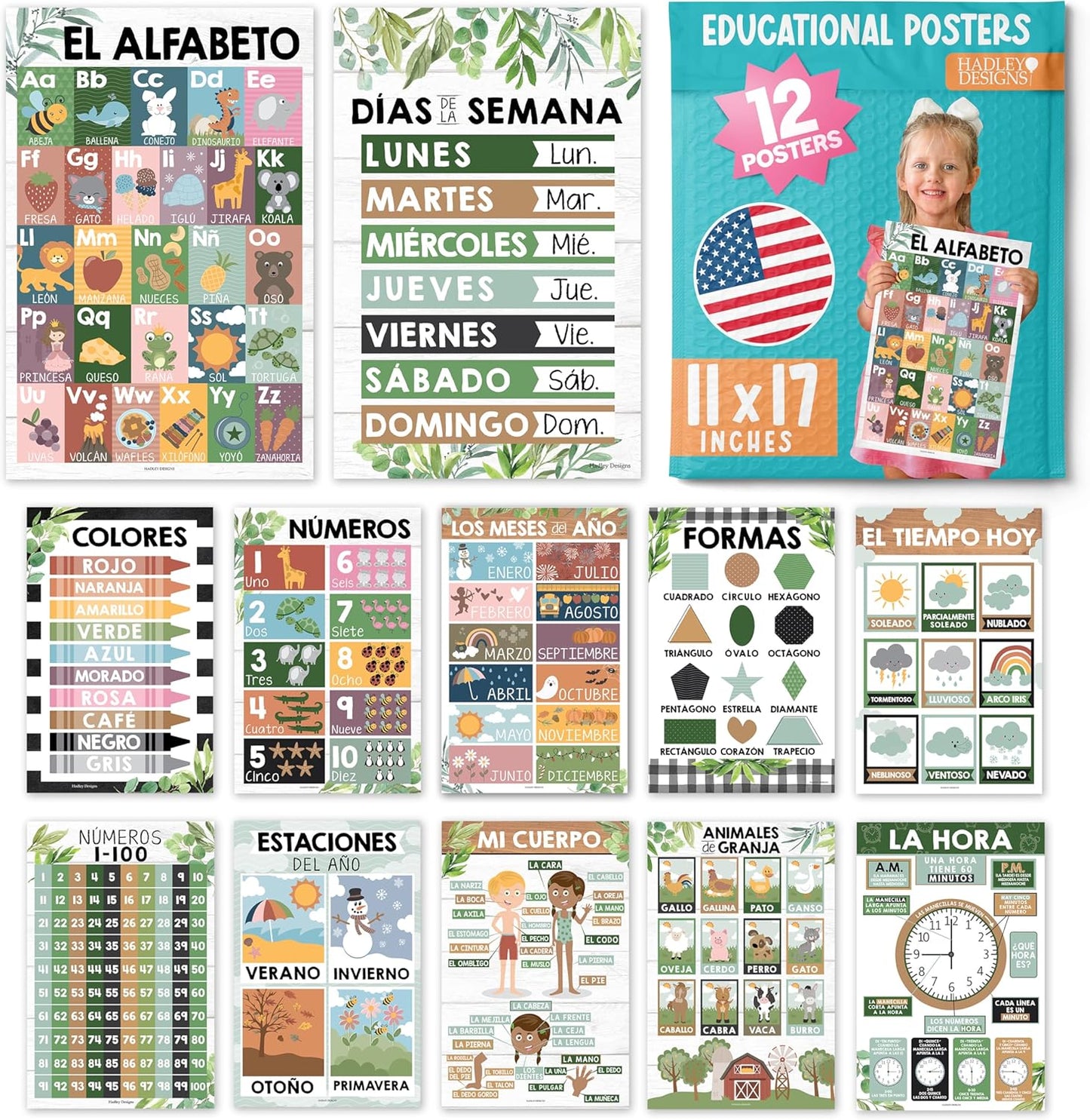 Hadley Designs Spanish Classroom Decorations - 12 Spanish Posters for Classroom Elementary, Abecedario para Niños en Español, Laminated Farmhouse Bilingual Educational Posters 11x17