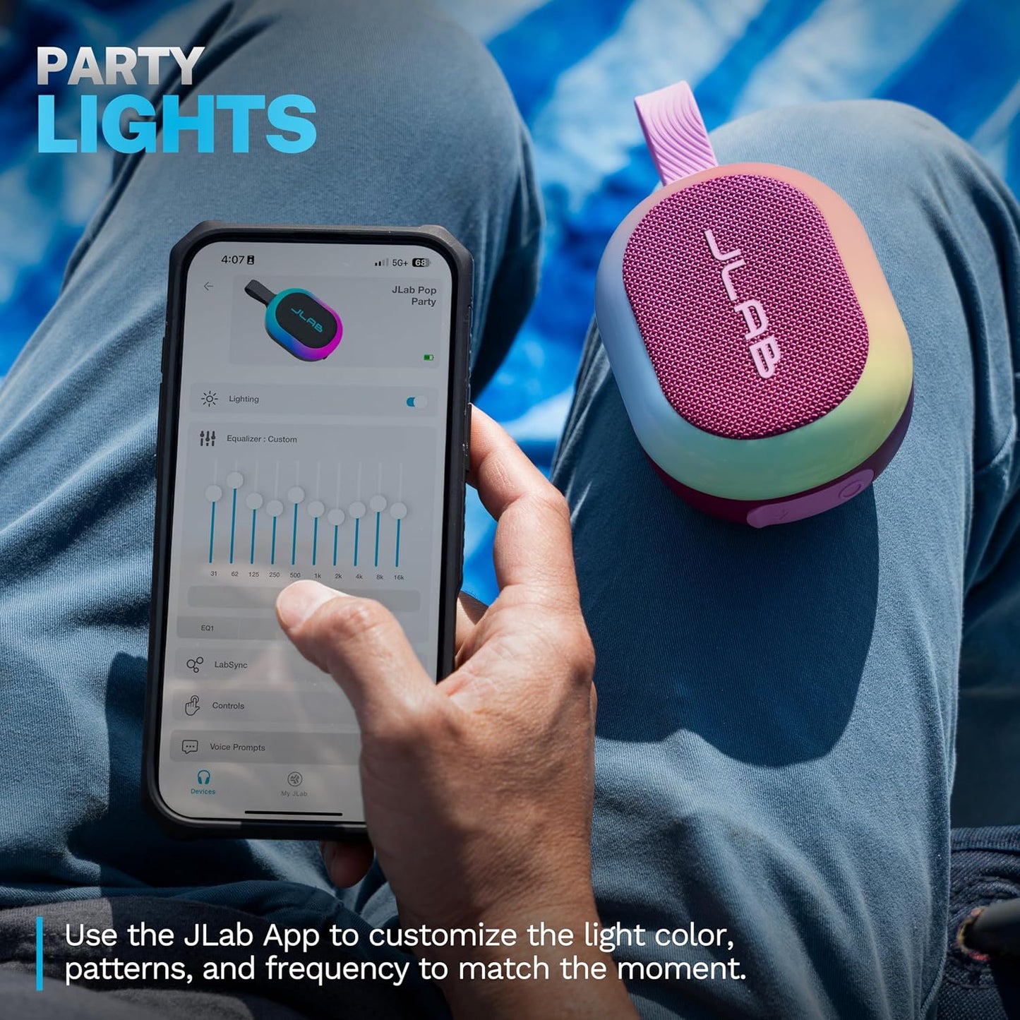 JLab Pop Party Portable Bluetooth Speaker, Mulberry, 8+ Hours of Playtime, IP55 Waterproofing, Detachable Loop Handle, Customizable RGB LED Lighting, Lab Sync Up to 100 Speakers, Custom Sound in-App